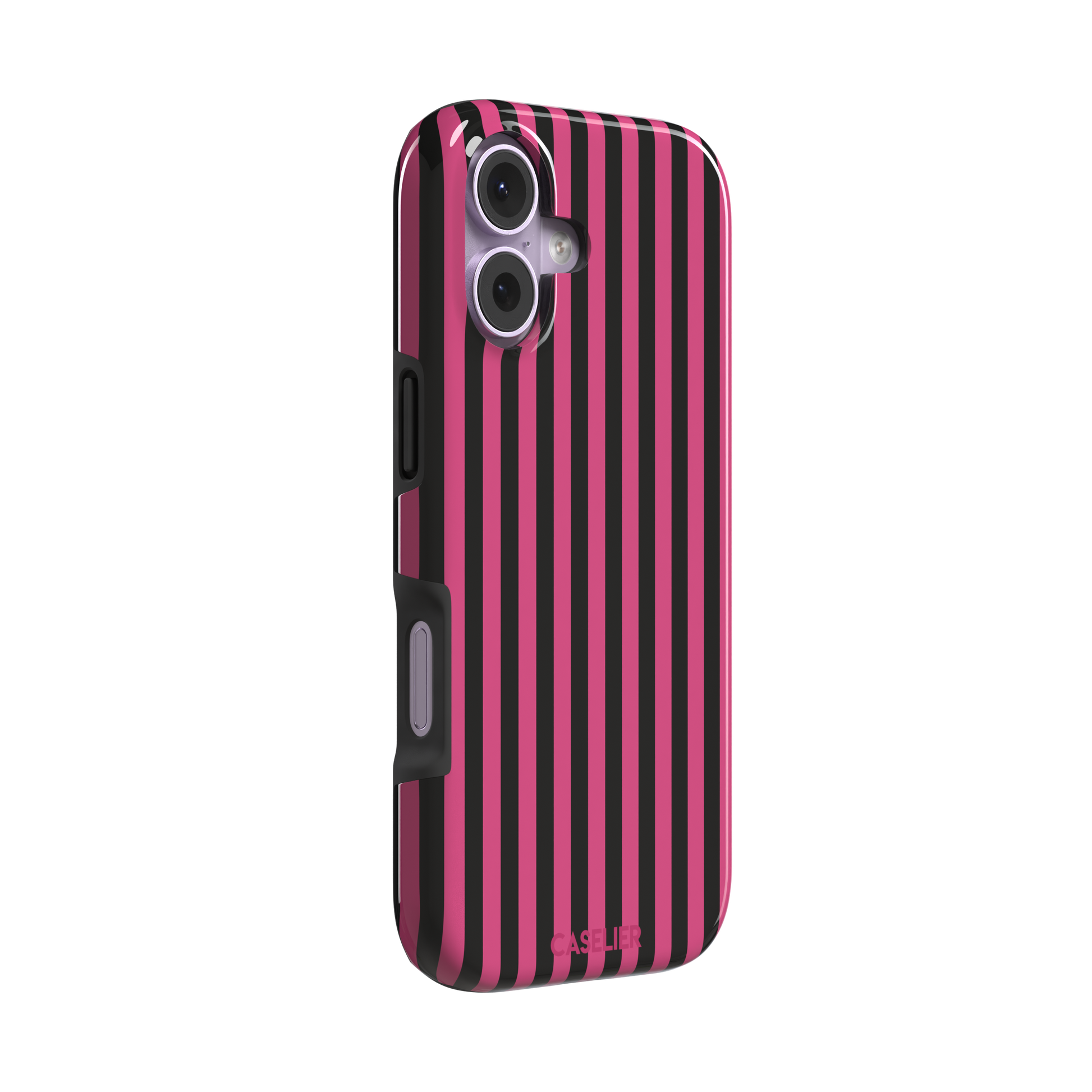 Fine Stripe phone case in hot pink and black vertical stripes on iPhone, phone case by Caselier — tough case, left view