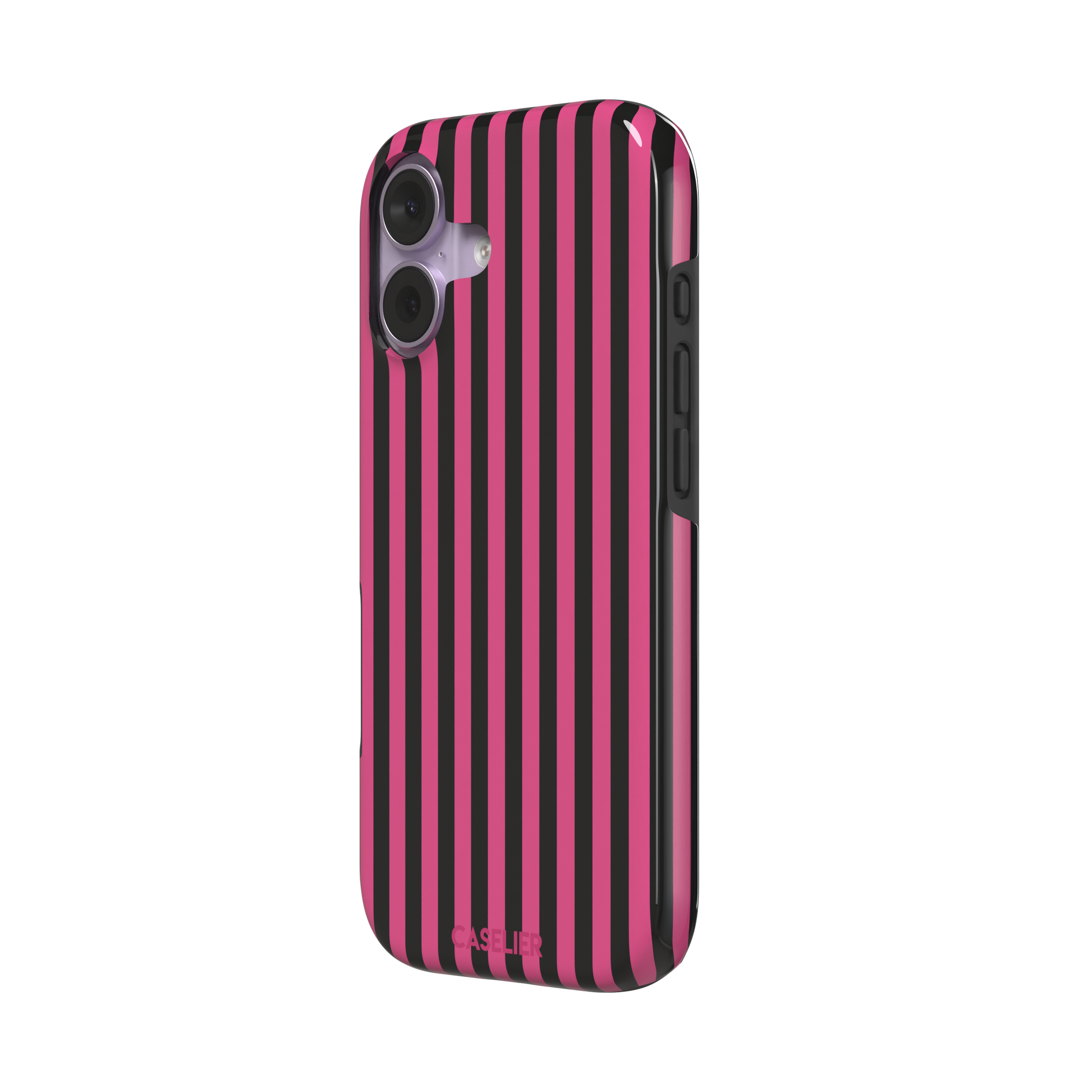 Fine Stripe phone case in hot pink and black vertical stripes on iPhone, phone case by Caselier — tough case, right view