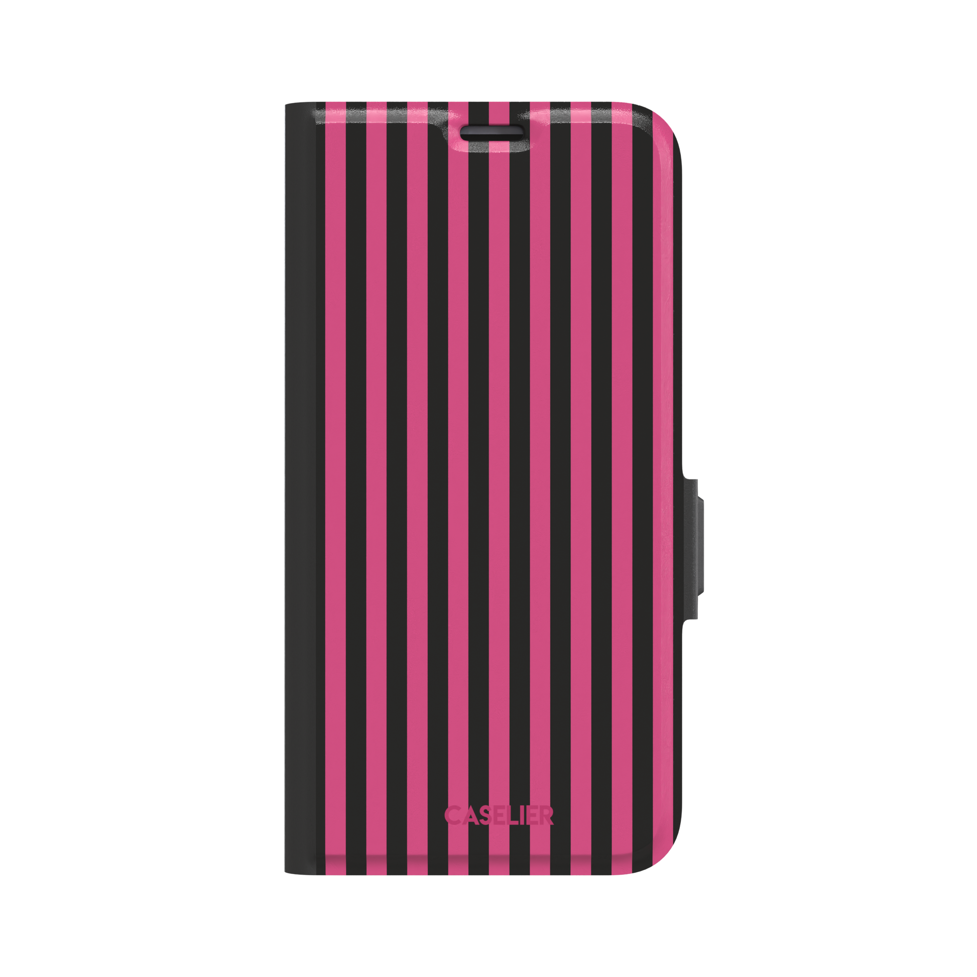 Fine Stripe phone case in hot pink and black vertical stripes on iPhone, phone case by Caselier — wallet case, front view