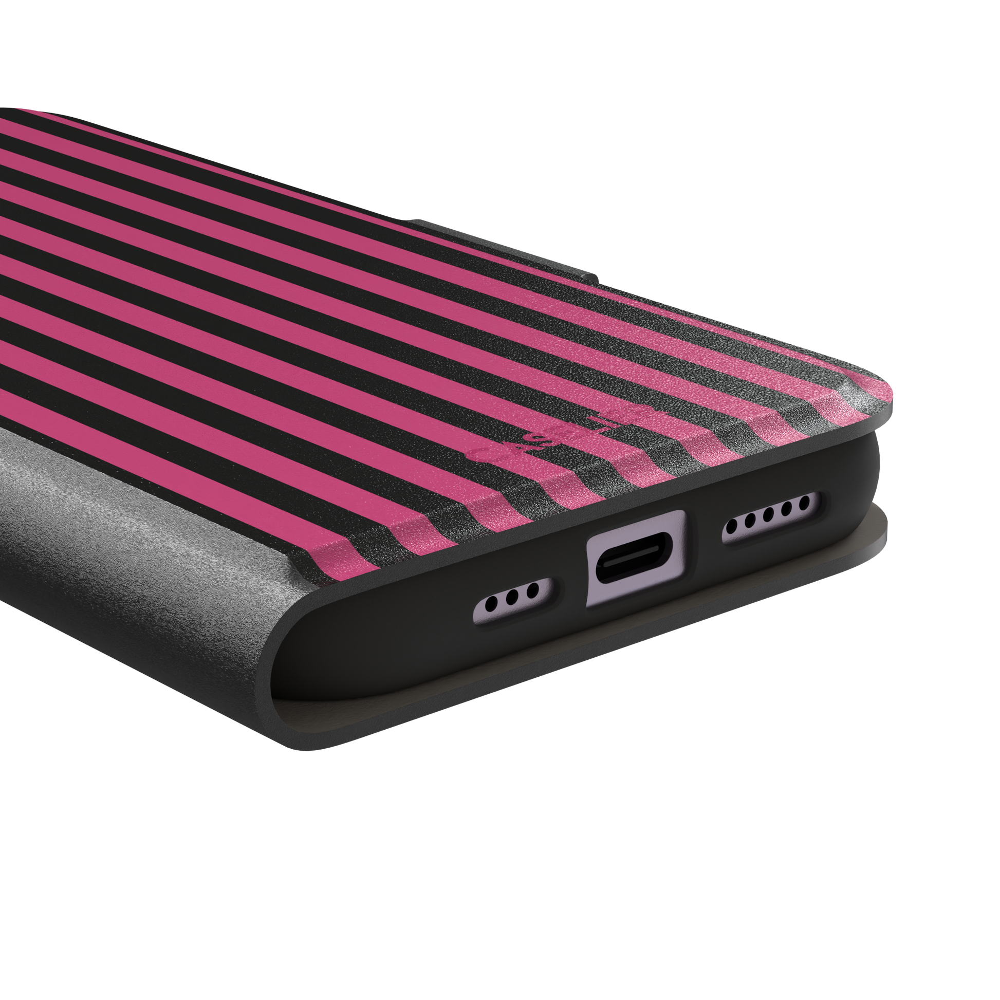 Fine Stripe phone case in hot pink and black vertical stripes on iPhone, phone case by Caselier — wallet case, charging port detail