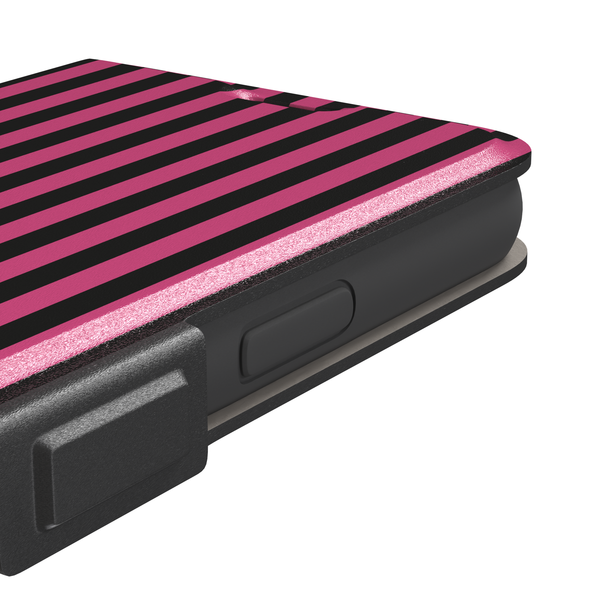 Fine Stripe phone case in hot pink and black vertical stripes on iPhone, phone case by Caselier — wallet case, volume buttons detail