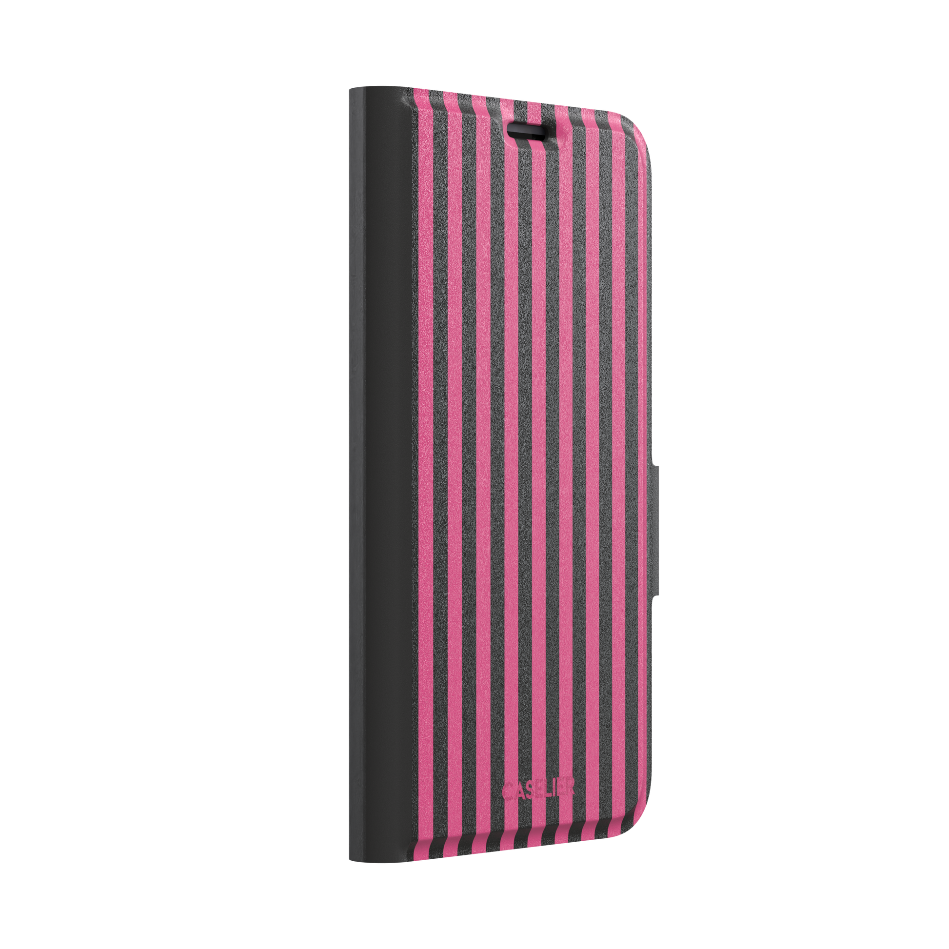 Fine Stripe phone case in hot pink and black vertical stripes on iPhone, phone case by Caselier — wallet case, left view