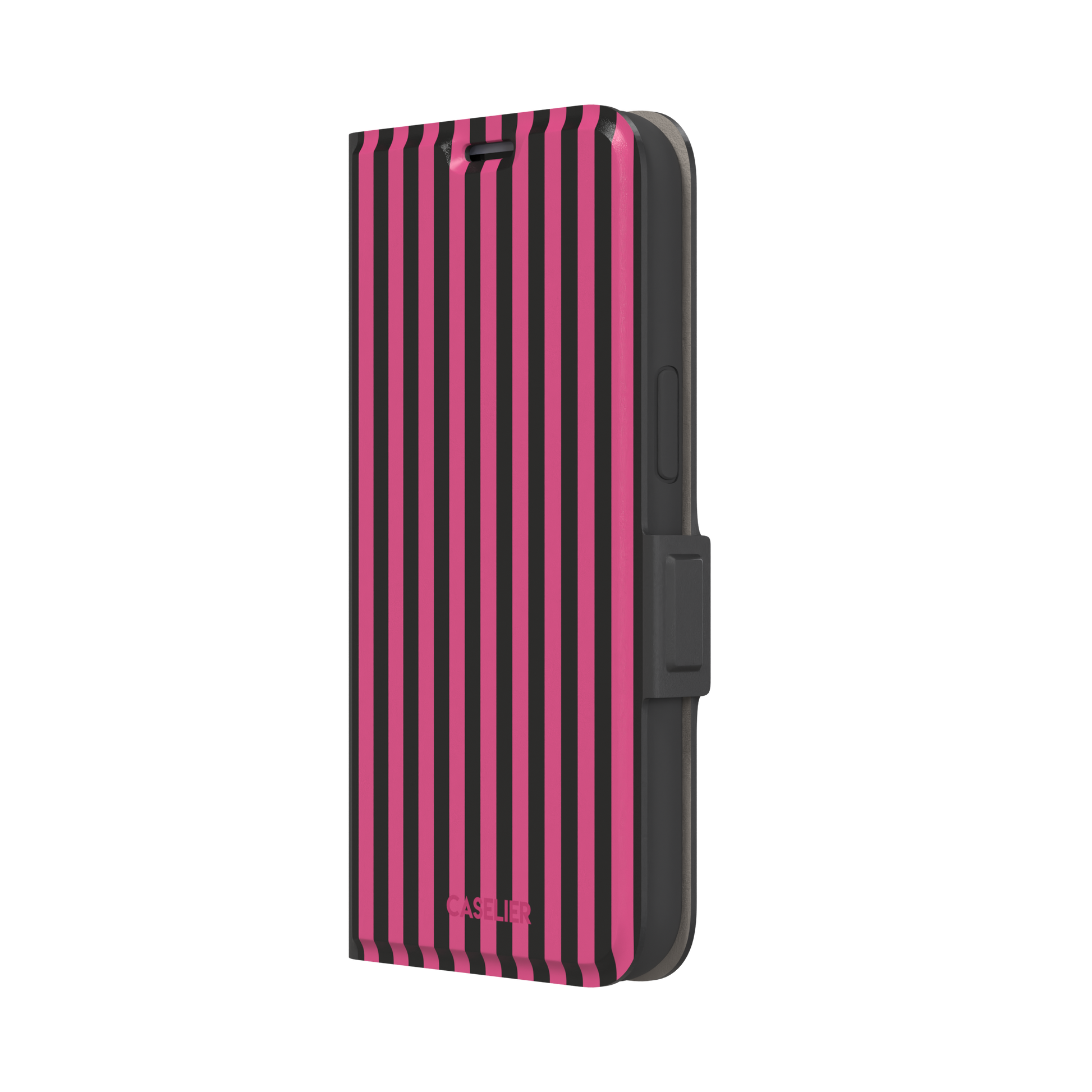 Fine Stripe phone case in hot pink and black vertical stripes on iPhone, phone case by Caselier — wallet case, right view