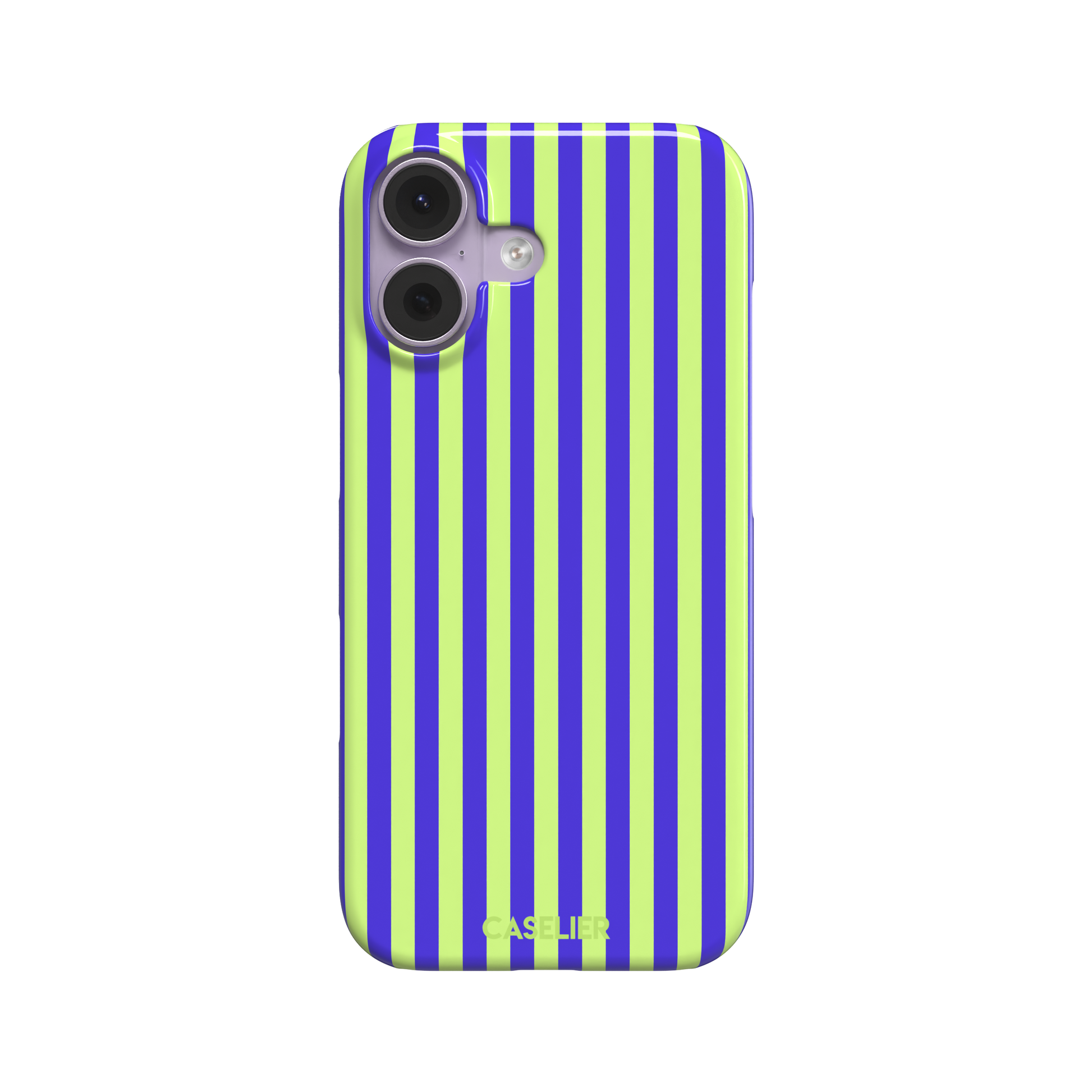 Fine Stripe phone case in electric blue and neon lime green vertical stripes on iPhone, phone case by Caselier — snap case, front view