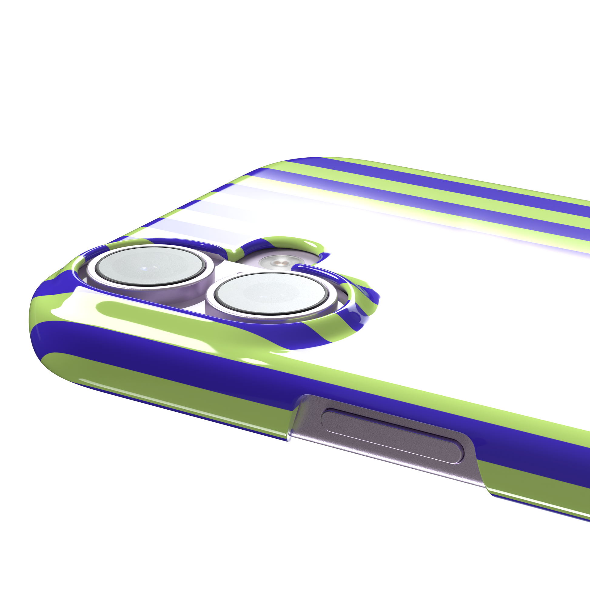 Fine Stripe phone case in electric blue and neon lime green vertical stripes on iPhone, phone case by Caselier — snap case, volume buttons detail