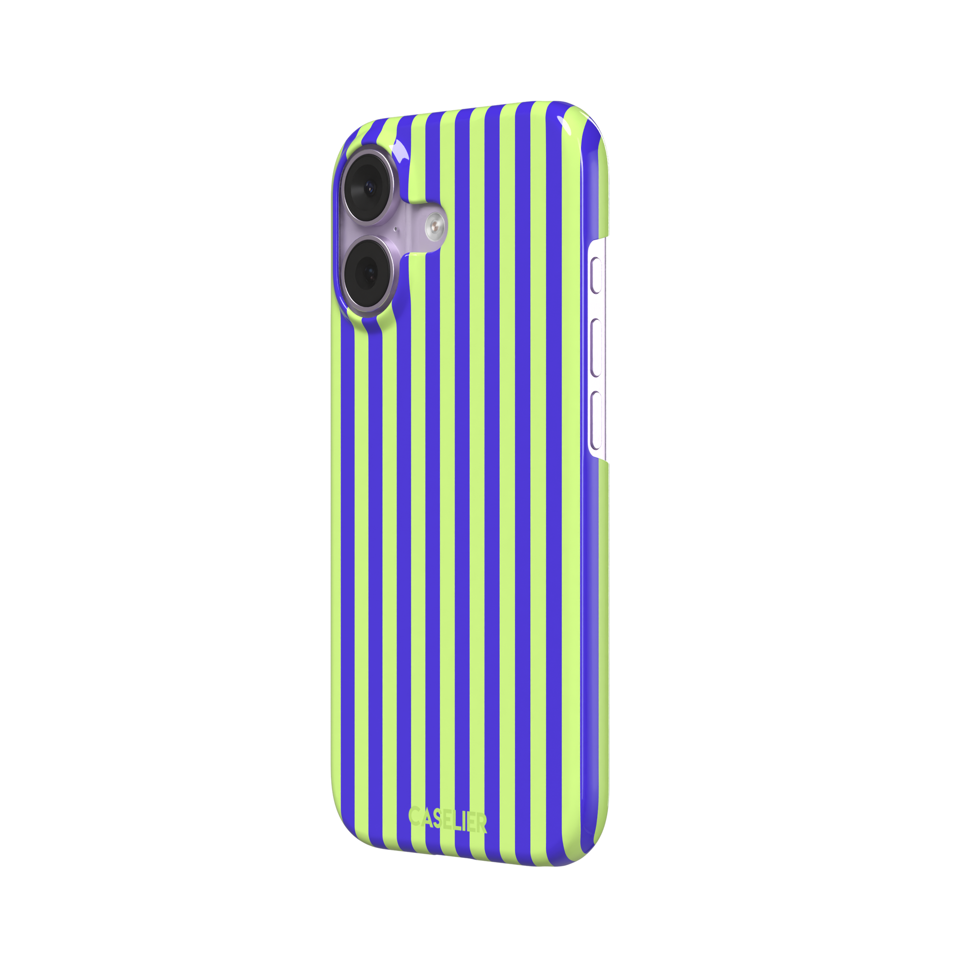 Fine Stripe phone case in electric blue and neon lime green vertical stripes on iPhone, phone case by Caselier — snap case, right view