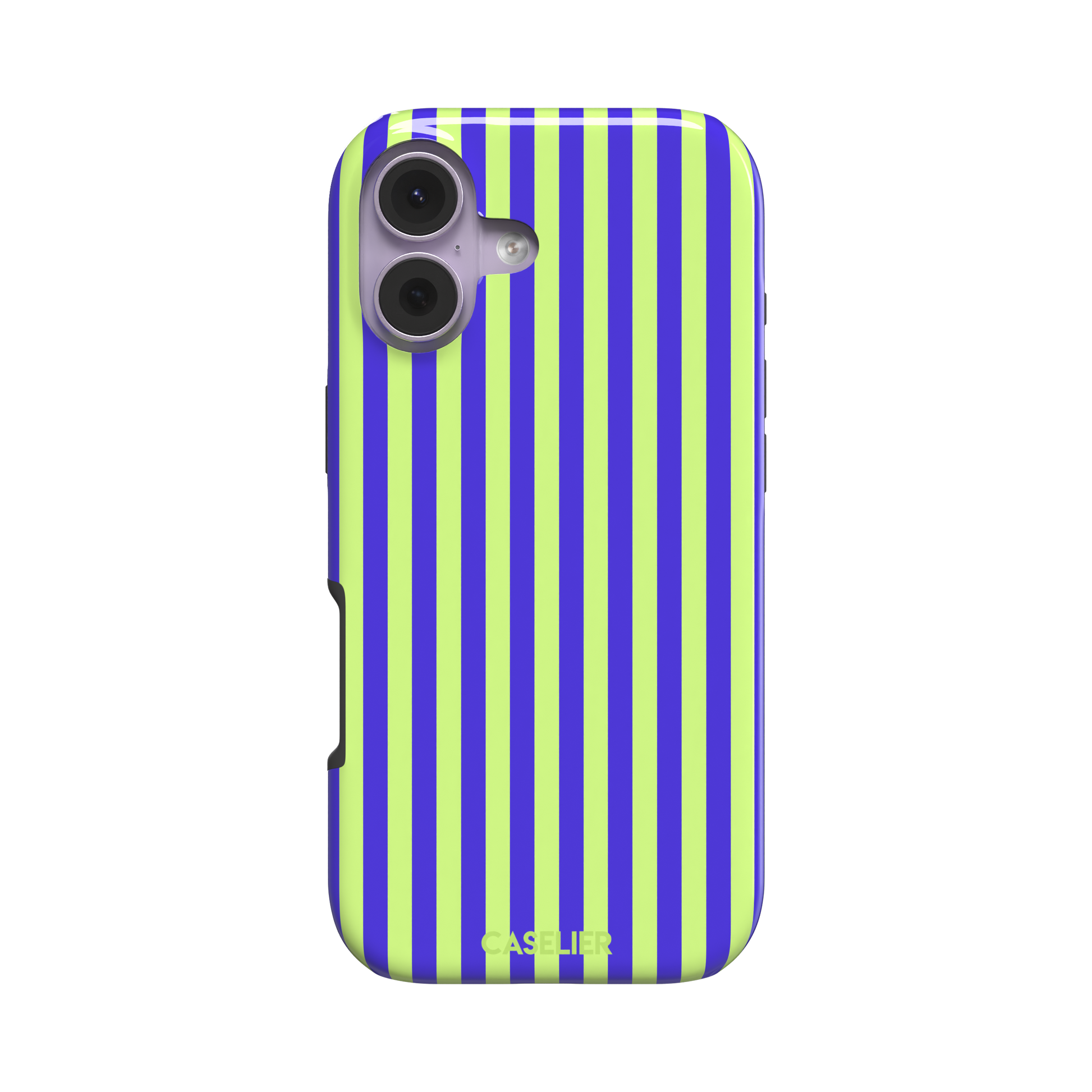 Fine Stripe phone case in electric blue and neon lime green vertical stripes on iPhone, phone case by Caselier — tough case, front view