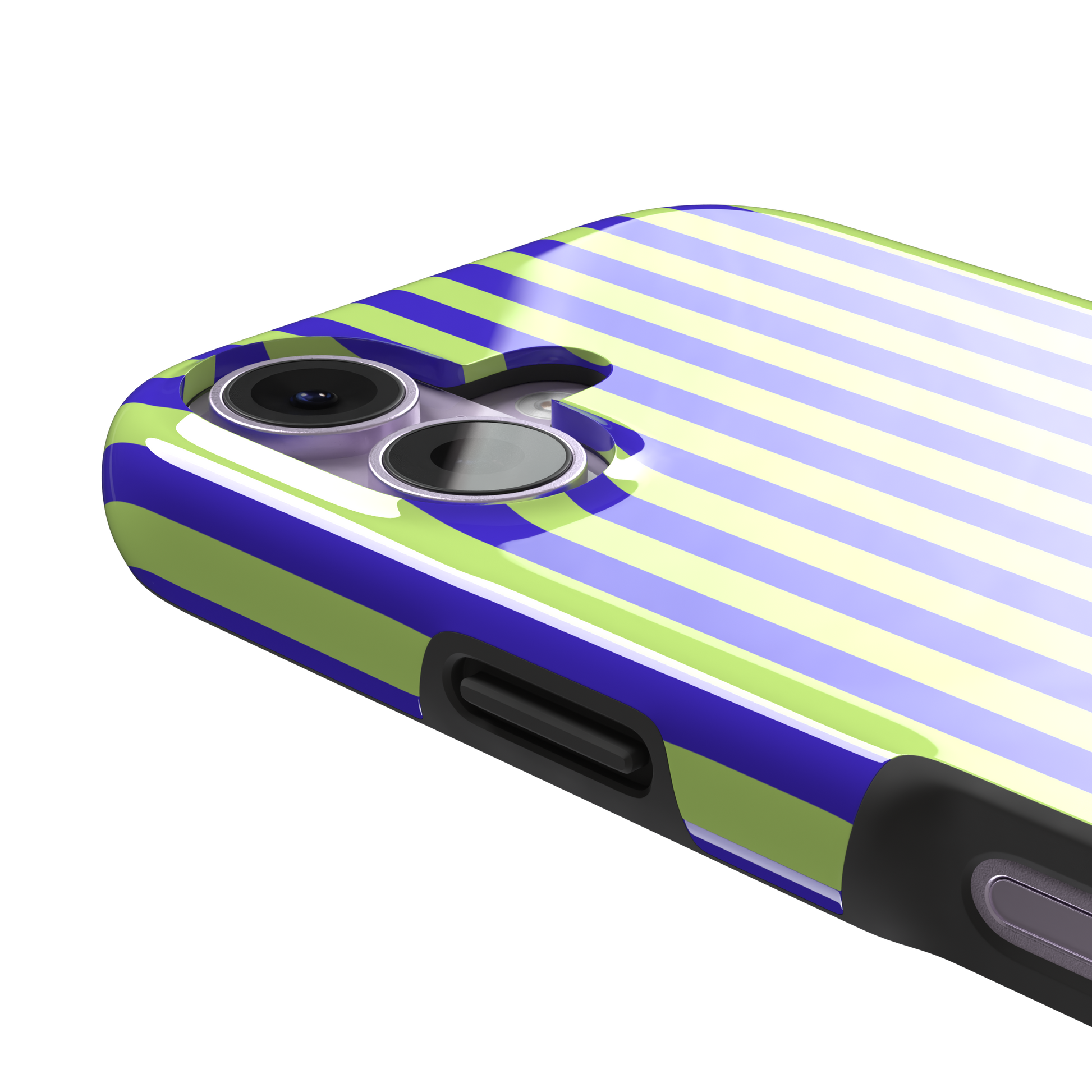 Fine Stripe phone case in electric blue and neon lime green vertical stripes on iPhone, phone case by Caselier — tough case, volume buttons detail