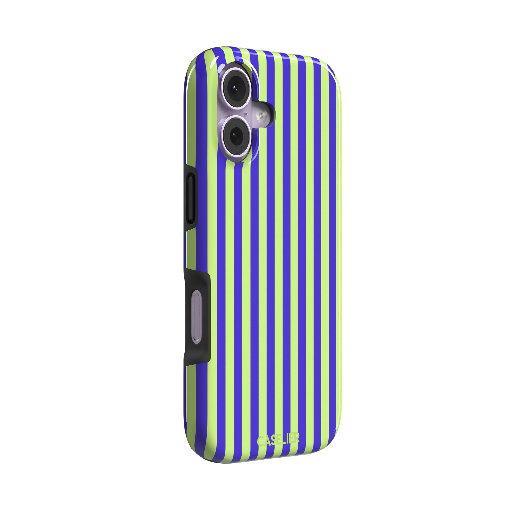 Fine Stripe phone case in electric blue and neon lime green vertical stripes on iPhone, phone case by Caselier — tough case, left view