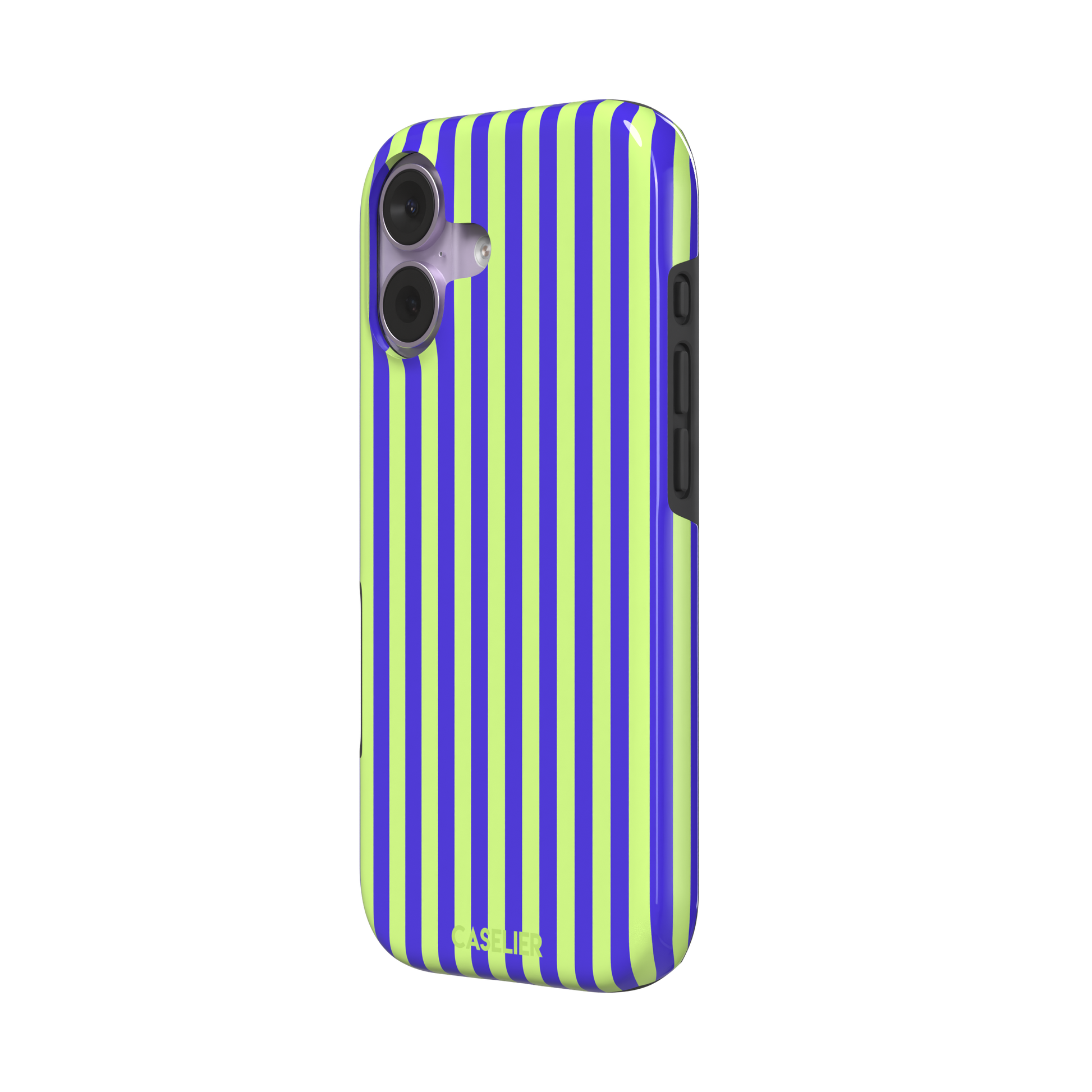 Fine Stripe phone case in electric blue and neon lime green vertical stripes on iPhone, phone case by Caselier — tough case, right view