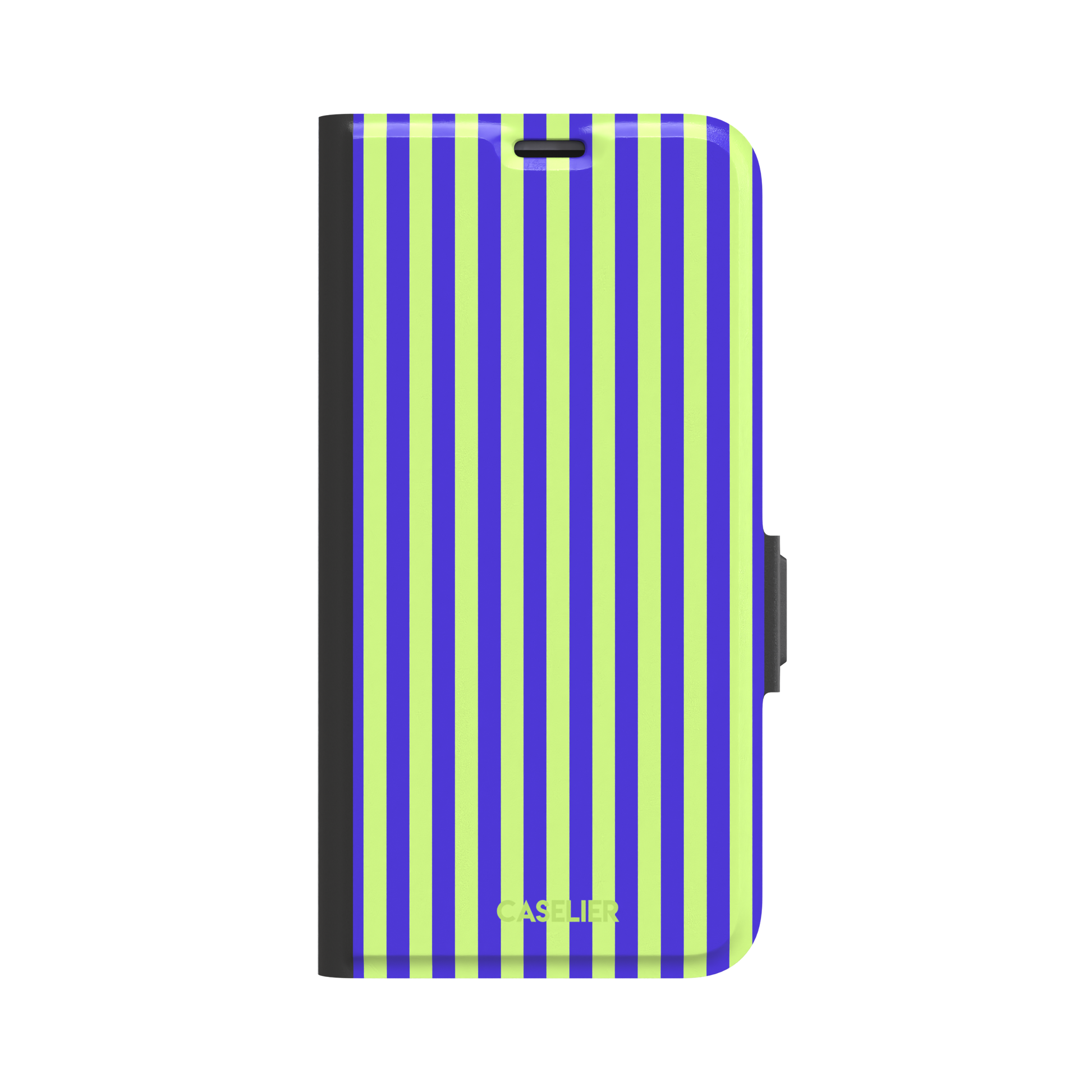 Fine Stripe phone case in electric blue and neon lime green vertical stripes on iPhone, phone case by Caselier — wallet case, front view