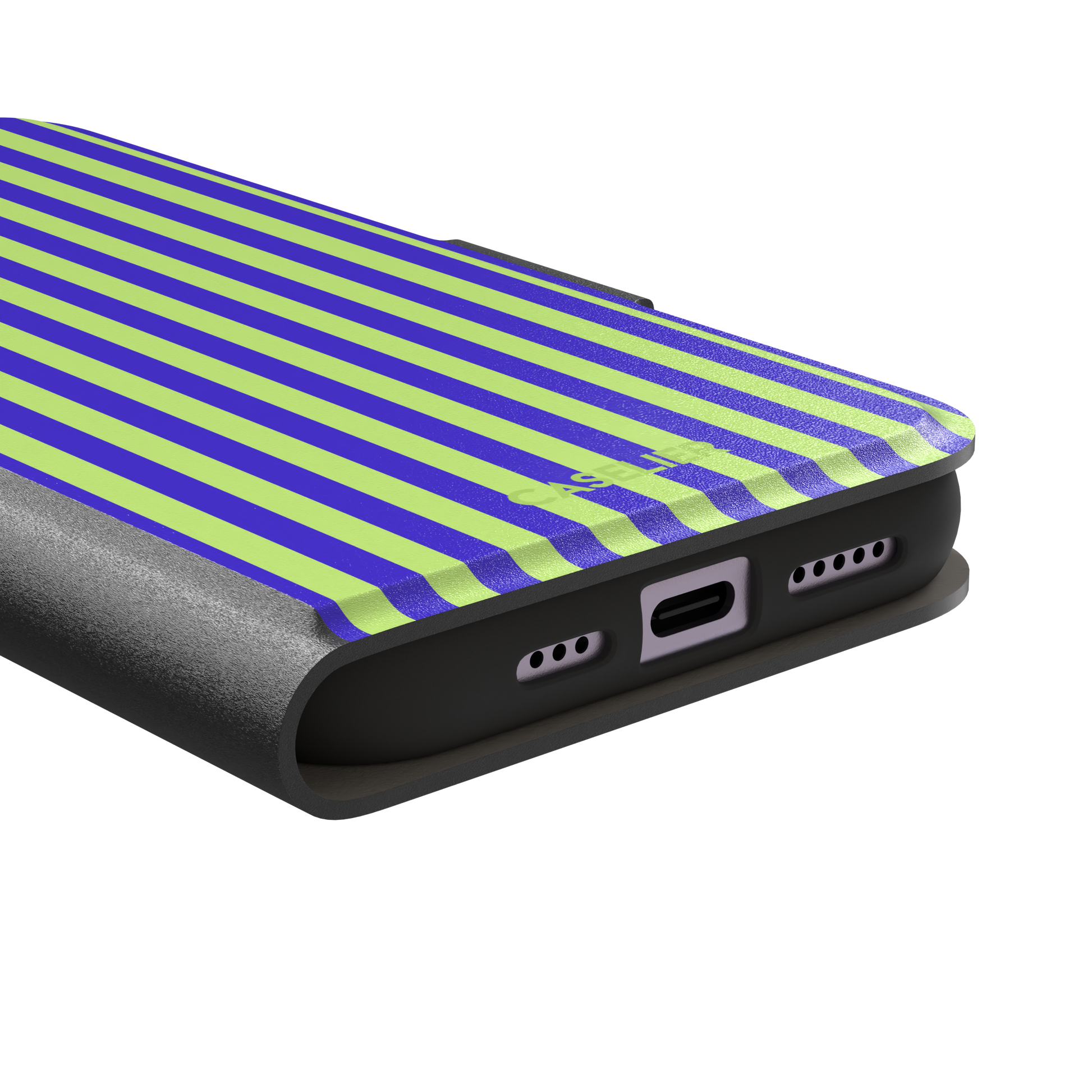 Fine Stripe phone case in electric blue and neon lime green vertical stripes on iPhone, phone case by Caselier — wallet case, charging port detail