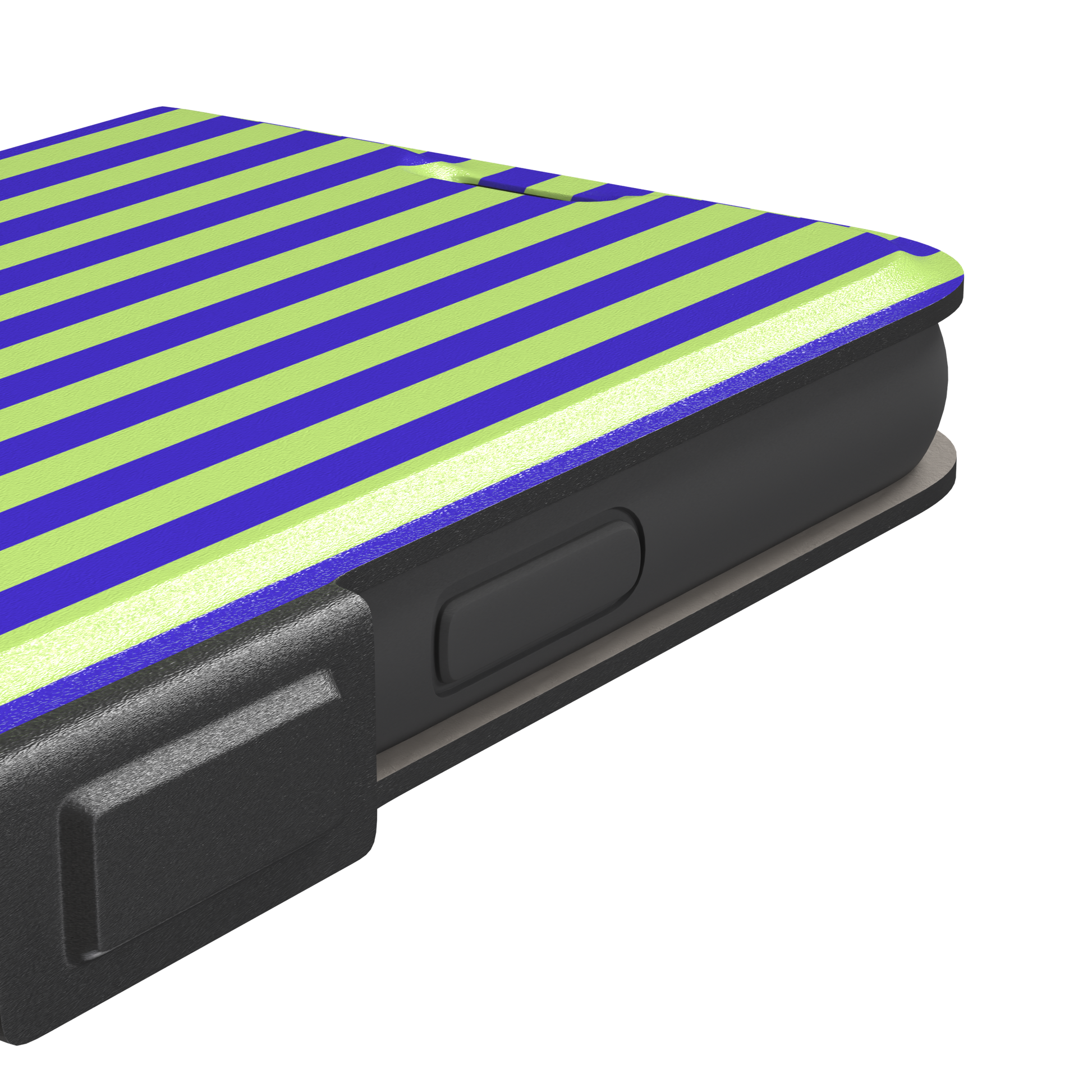 Fine Stripe phone case in electric blue and neon lime green vertical stripes on iPhone, phone case by Caselier — wallet case, volume buttons detail