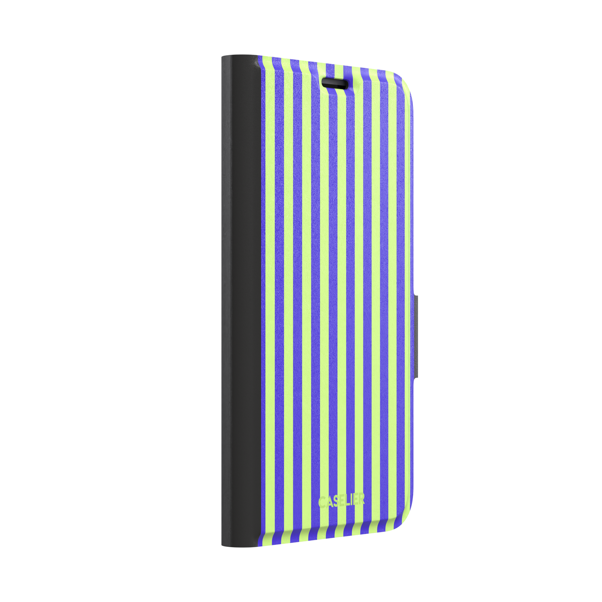 Fine Stripe phone case in electric blue and neon lime green vertical stripes on iPhone, phone case by Caselier — wallet case, left view