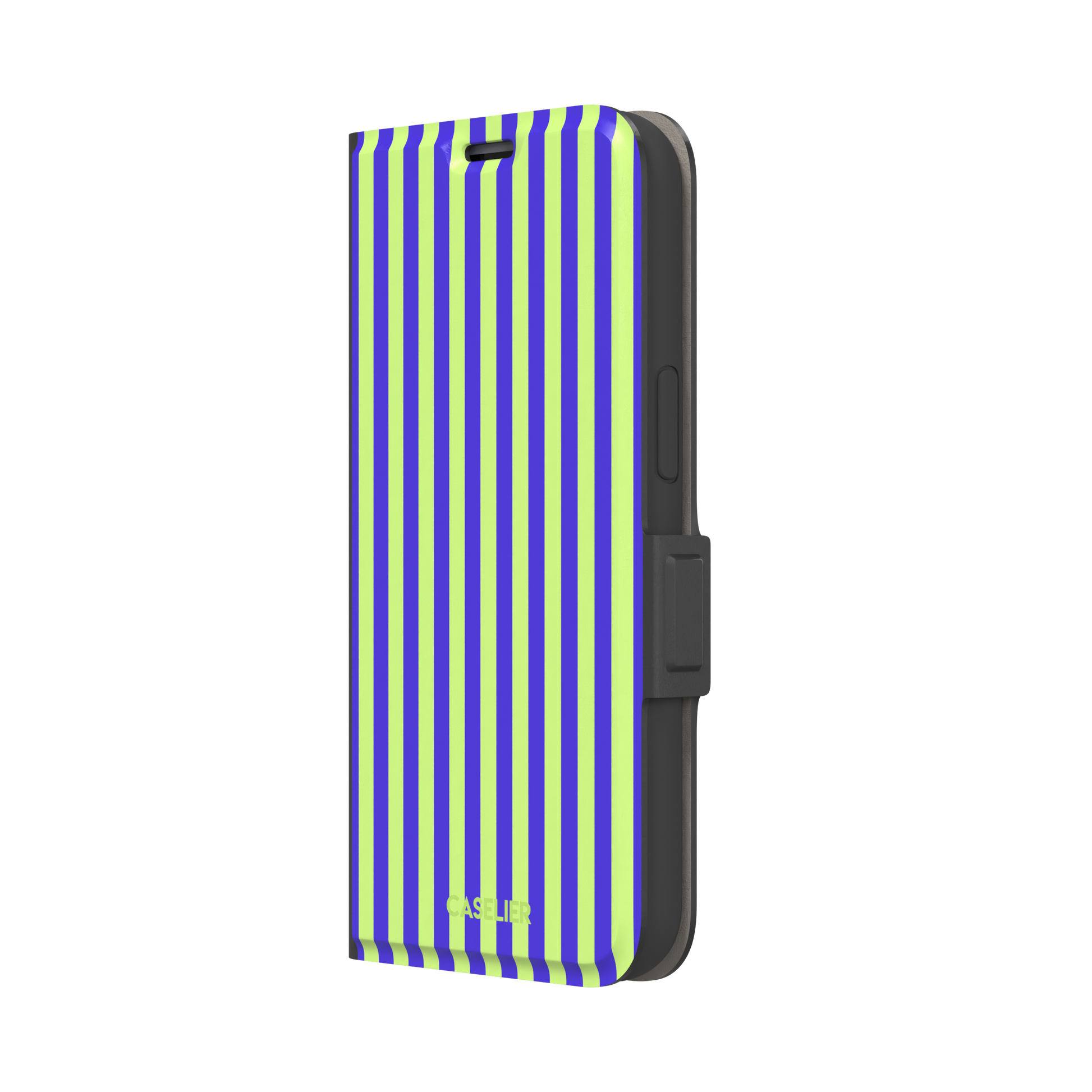Fine Stripe phone case in electric blue and neon lime green vertical stripes on iPhone, phone case by Caselier — wallet case, right view