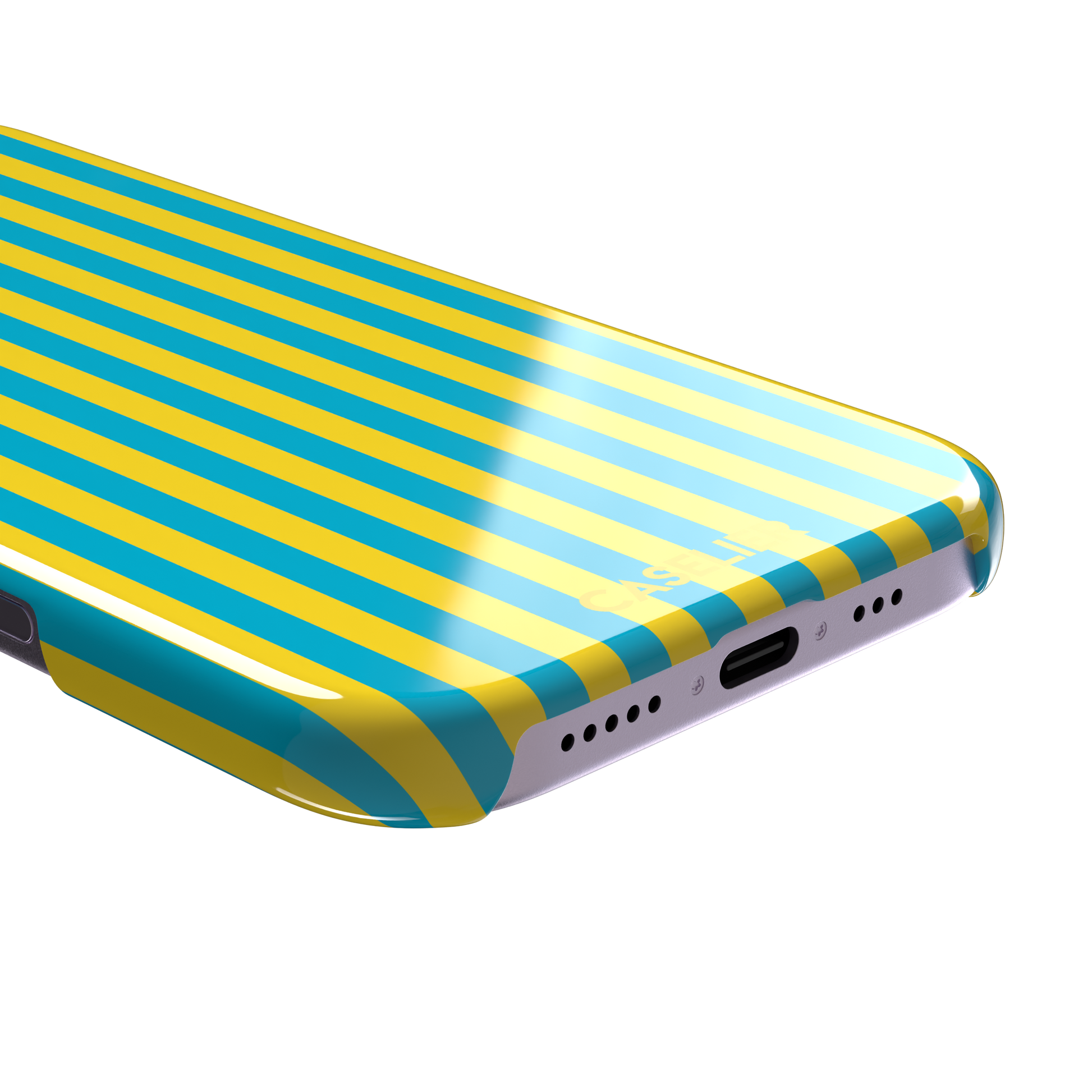 Fine Stripe phone case in bright yellow and turquoise vertical stripes on iPhone, phone case by Caselier — snap case, charging port detail