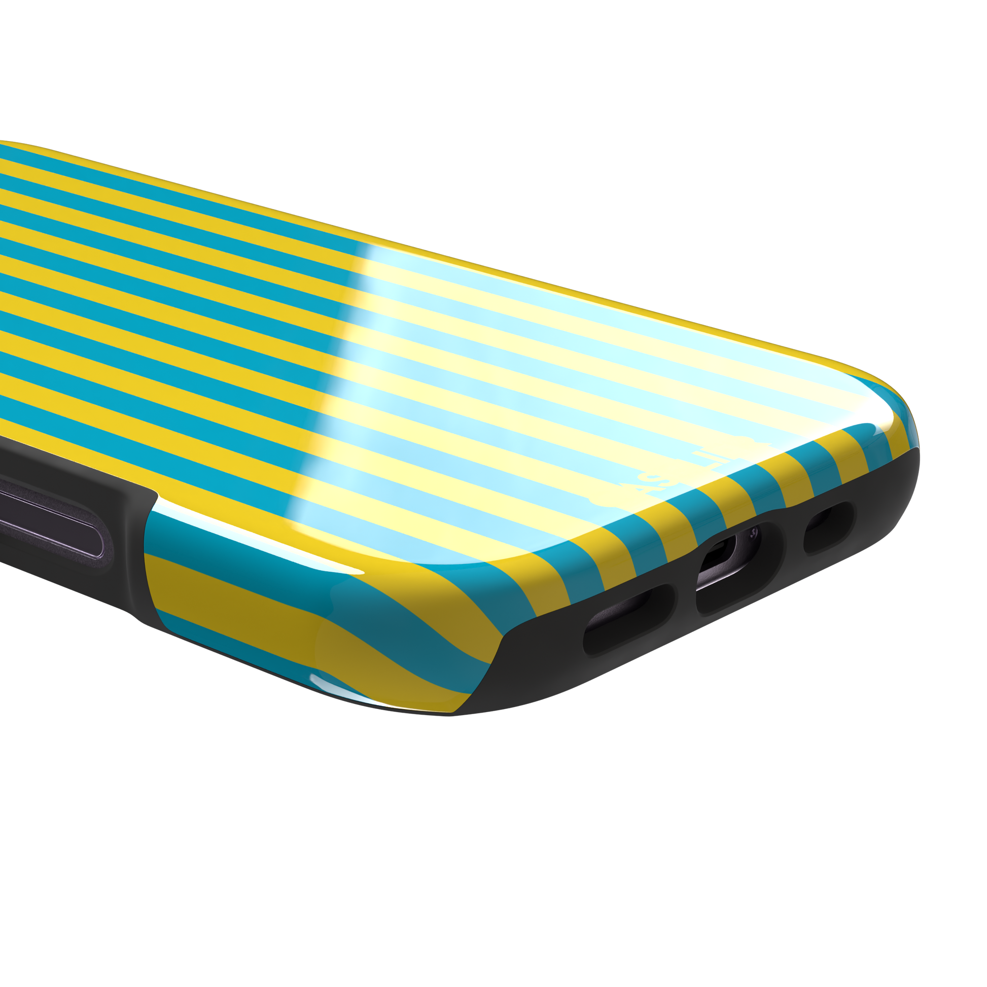 Fine Stripe phone case in bright yellow and turquoise vertical stripes on iPhone, phone case by Caselier — tough case, charging port detail