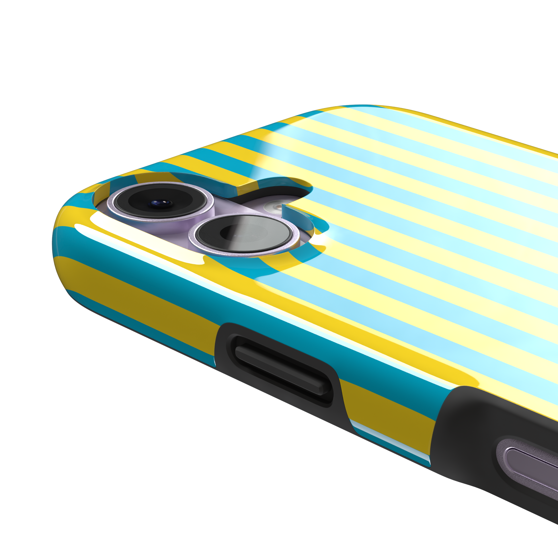 Fine Stripe phone case in bright yellow and turquoise vertical stripes on iPhone, phone case by Caselier — tough case, volume buttons detail