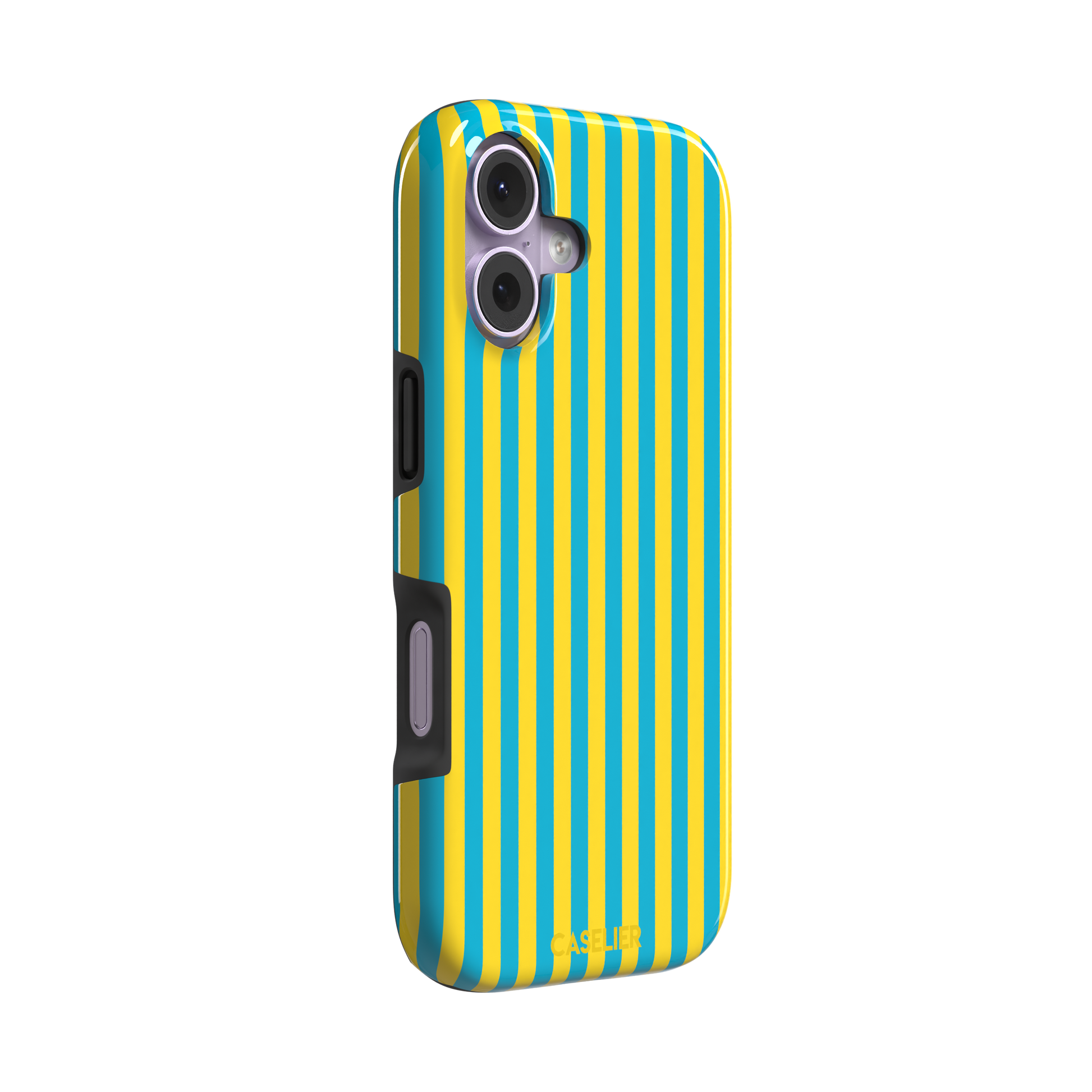 Fine Stripe phone case in bright yellow and turquoise vertical stripes on iPhone, phone case by Caselier — tough case, left view