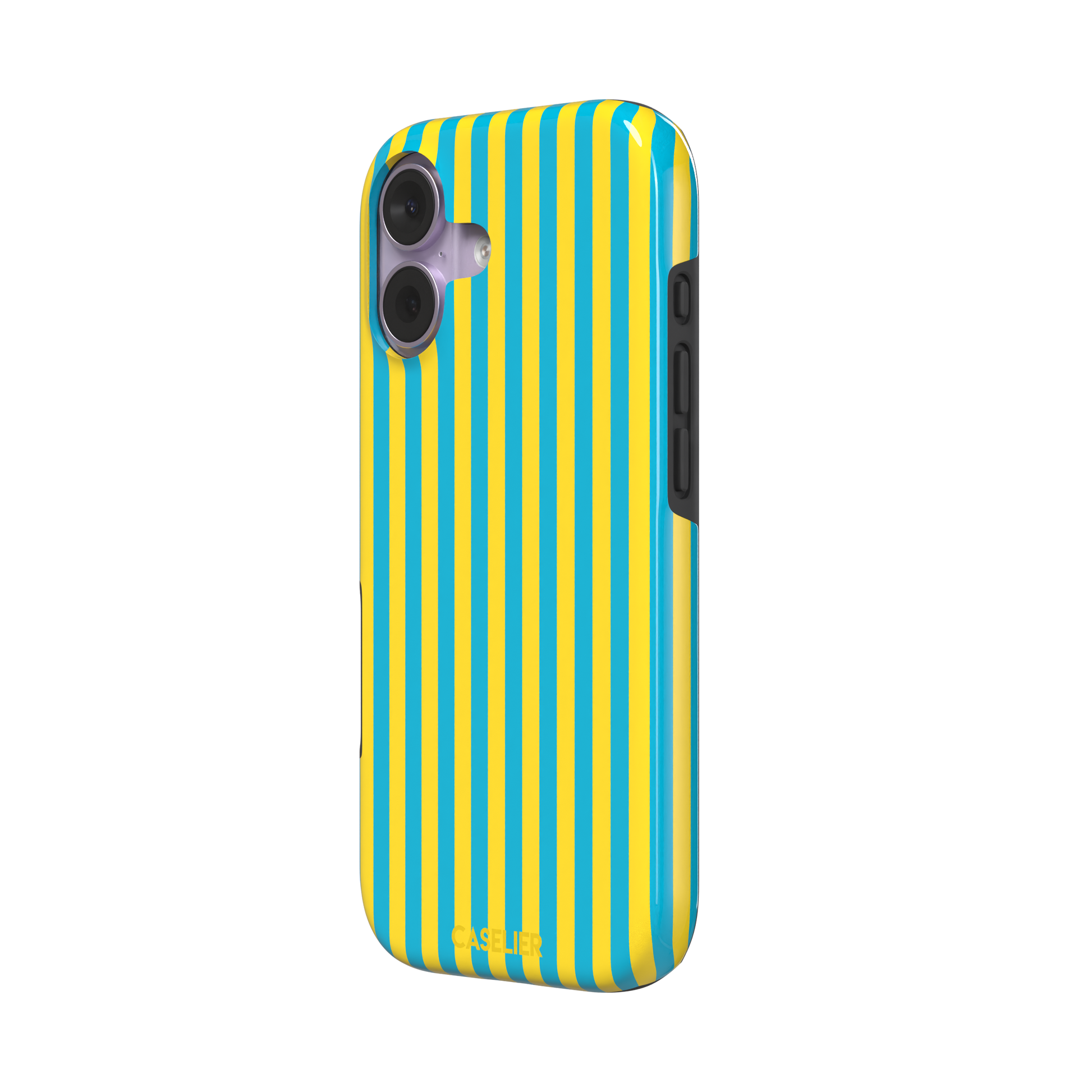 Fine Stripe phone case in bright yellow and turquoise vertical stripes on iPhone, phone case by Caselier — tough case, right view