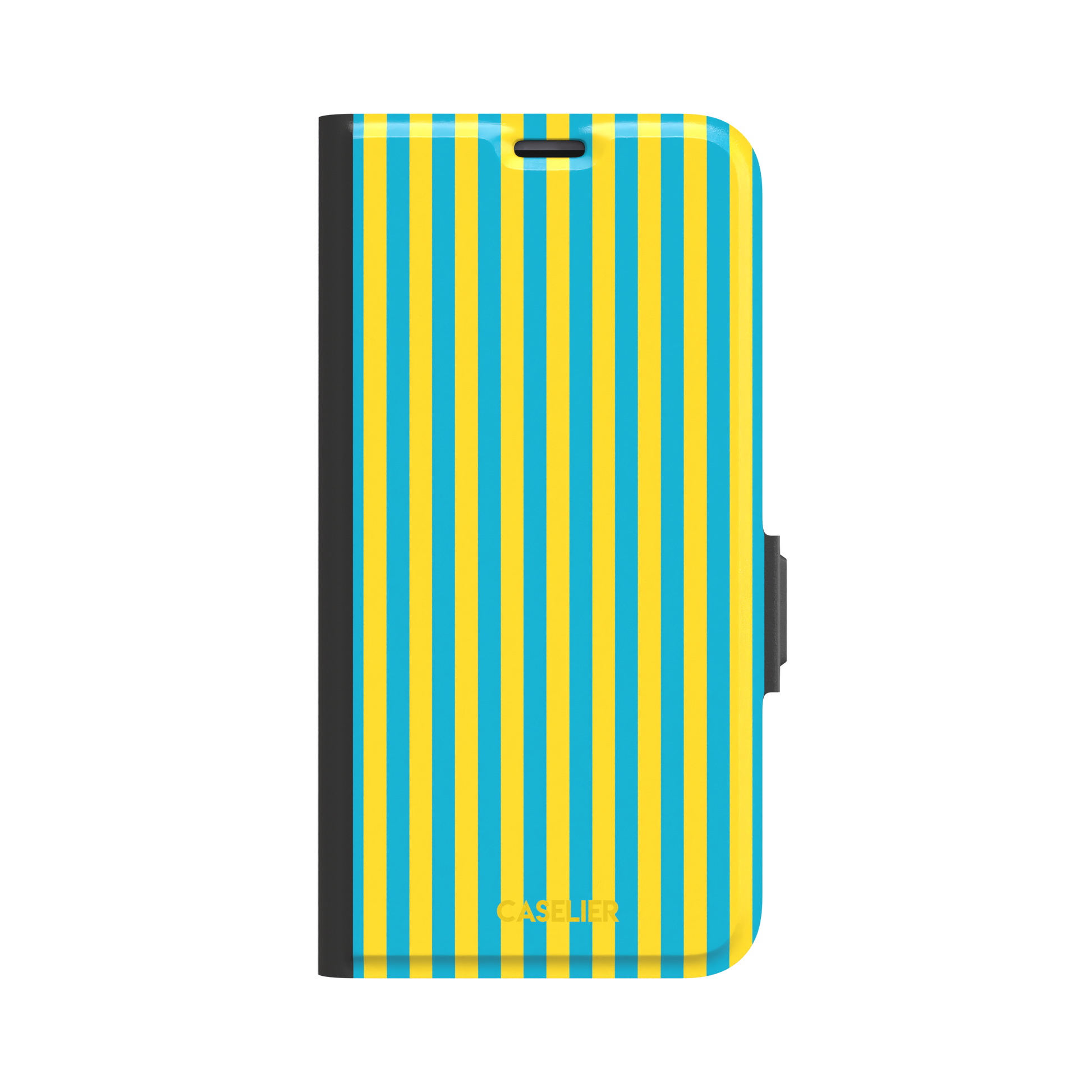 Fine Stripe phone case in bright yellow and turquoise vertical stripes on iPhone, phone case by Caselier — wallet case, front view