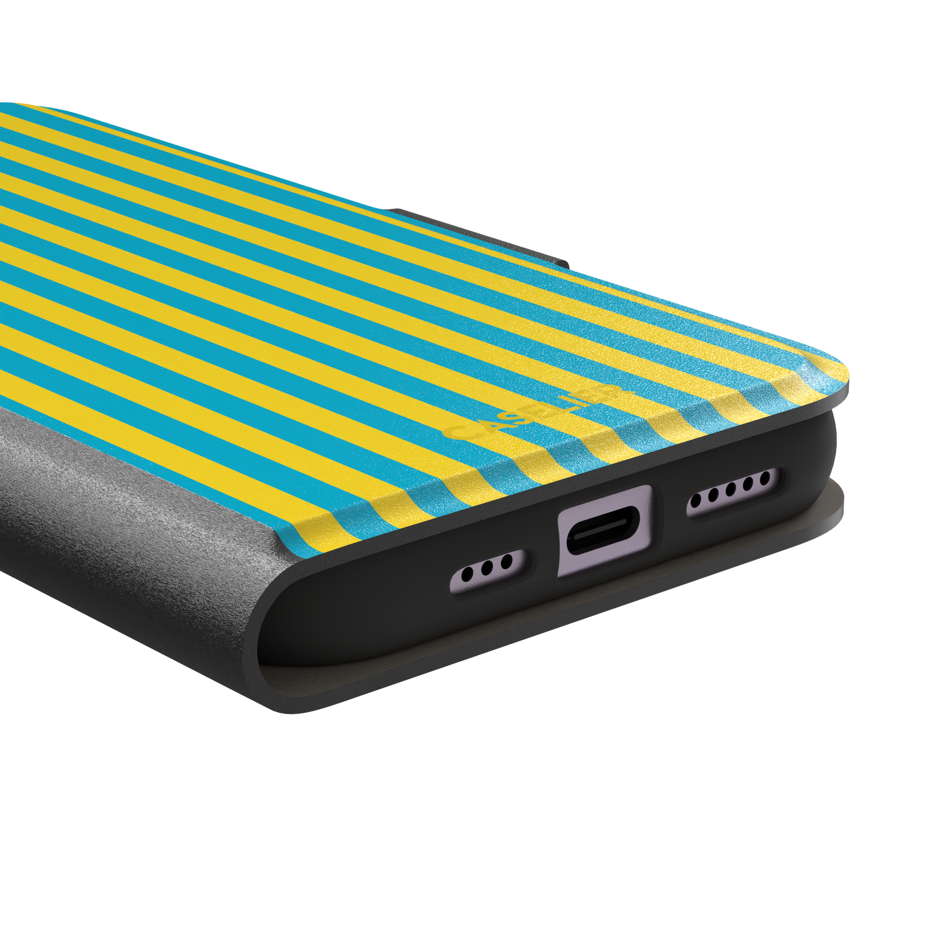 Fine Stripe phone case in bright yellow and turquoise vertical stripes on iPhone, phone case by Caselier — wallet case, charging port detail