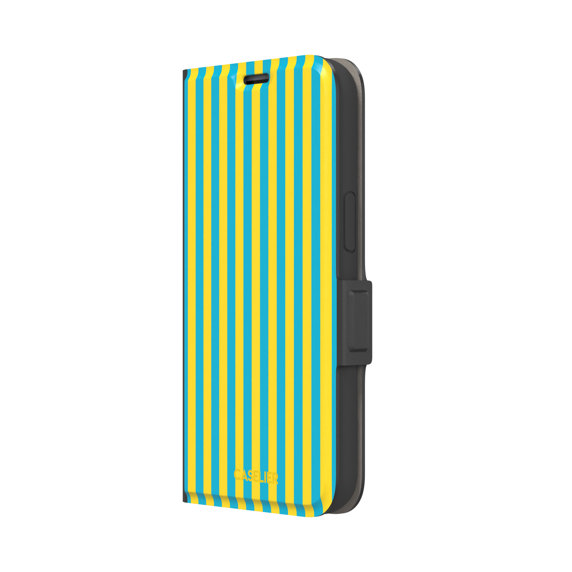 Fine Stripe phone case in bright yellow and turquoise vertical stripes on iPhone, phone case by Caselier — wallet case, right view