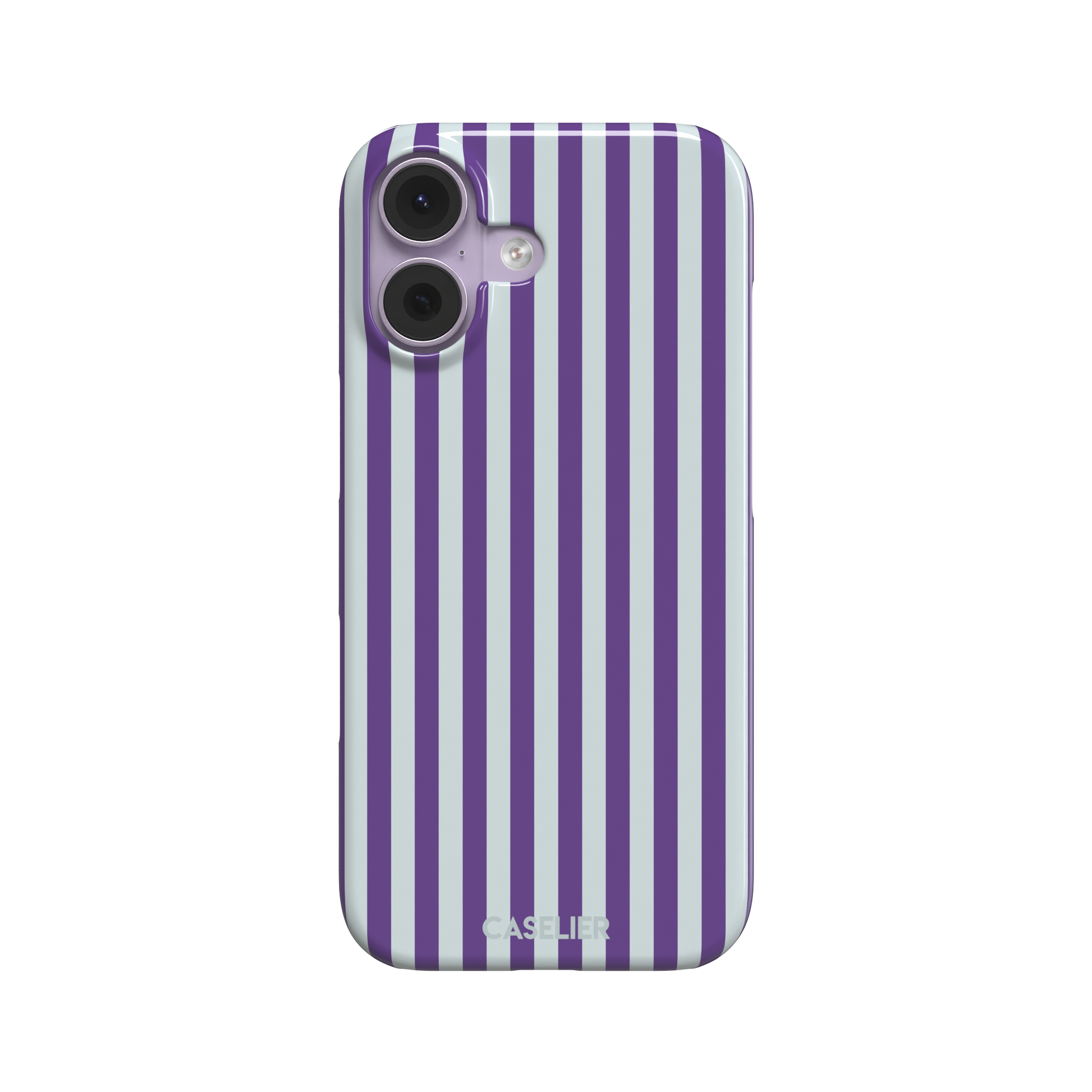 Fine Stripe phone case in deep purple and cool grey vertical stripes on iPhone, phone case by Caselier — snap case, front view