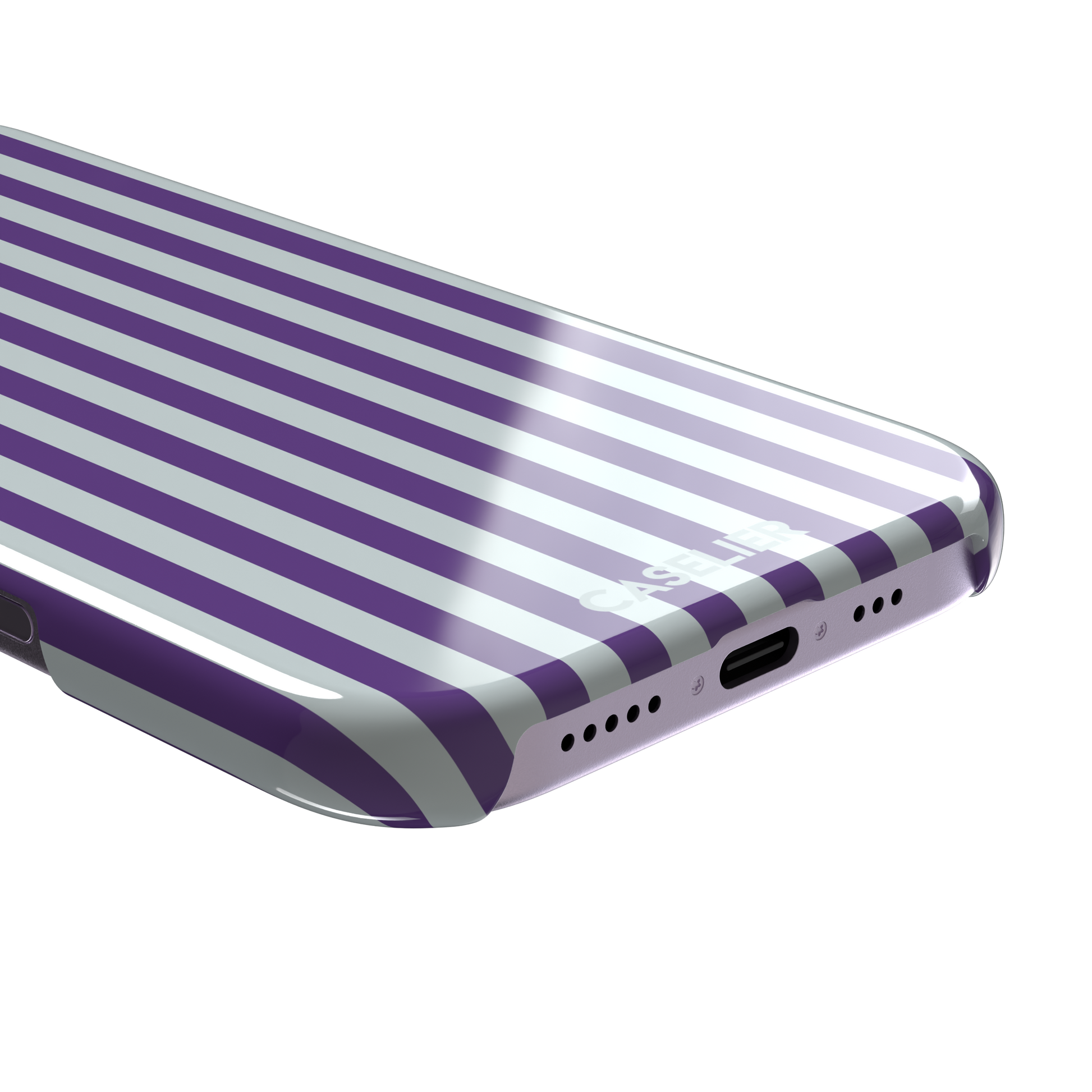 Fine Stripe phone case in deep purple and cool grey vertical stripes on iPhone, phone case by Caselier — snap case, charging port detail