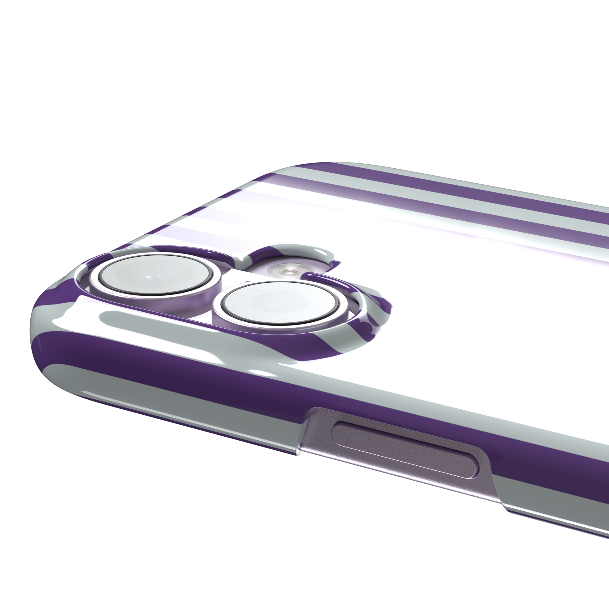Fine Stripe phone case in deep purple and cool grey vertical stripes on iPhone, phone case by Caselier — snap case, volume buttons detail