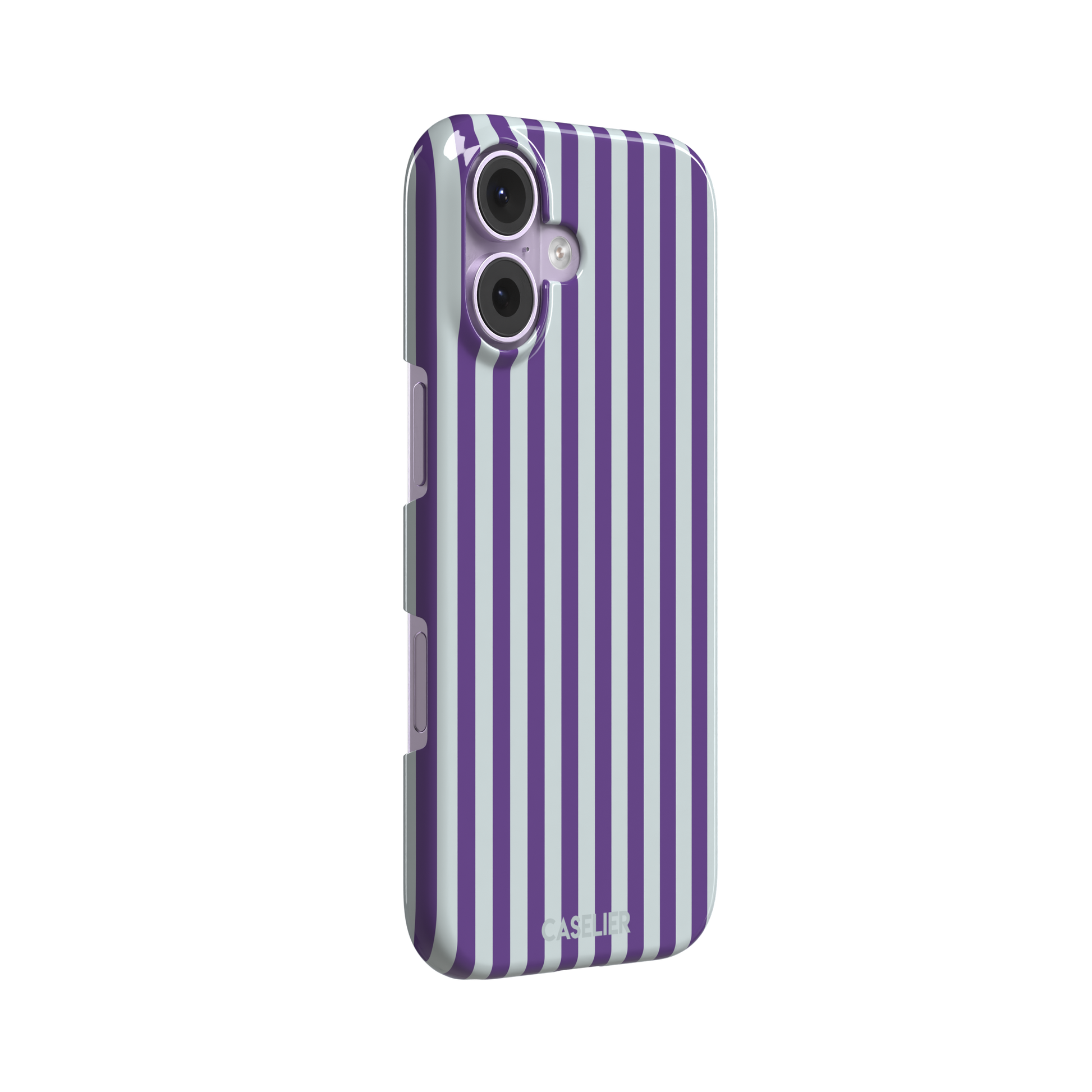 Fine Stripe phone case in deep purple and cool grey vertical stripes on iPhone, phone case by Caselier — snap case, left view