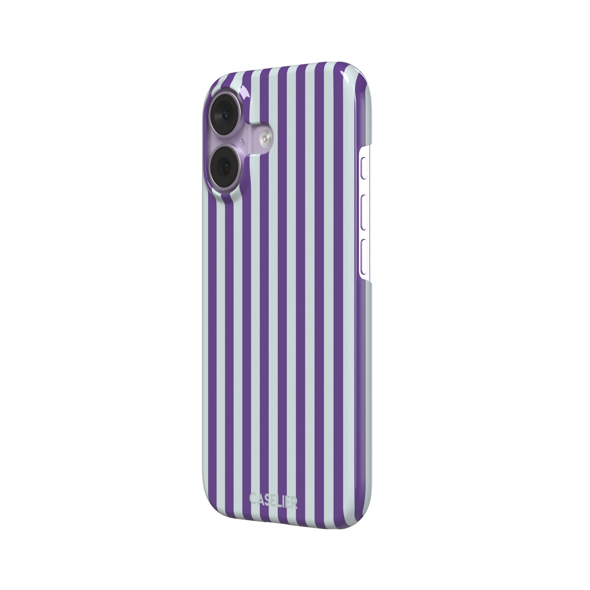 Fine Stripe phone case in deep purple and cool grey vertical stripes on iPhone, phone case by Caselier — snap case, right view