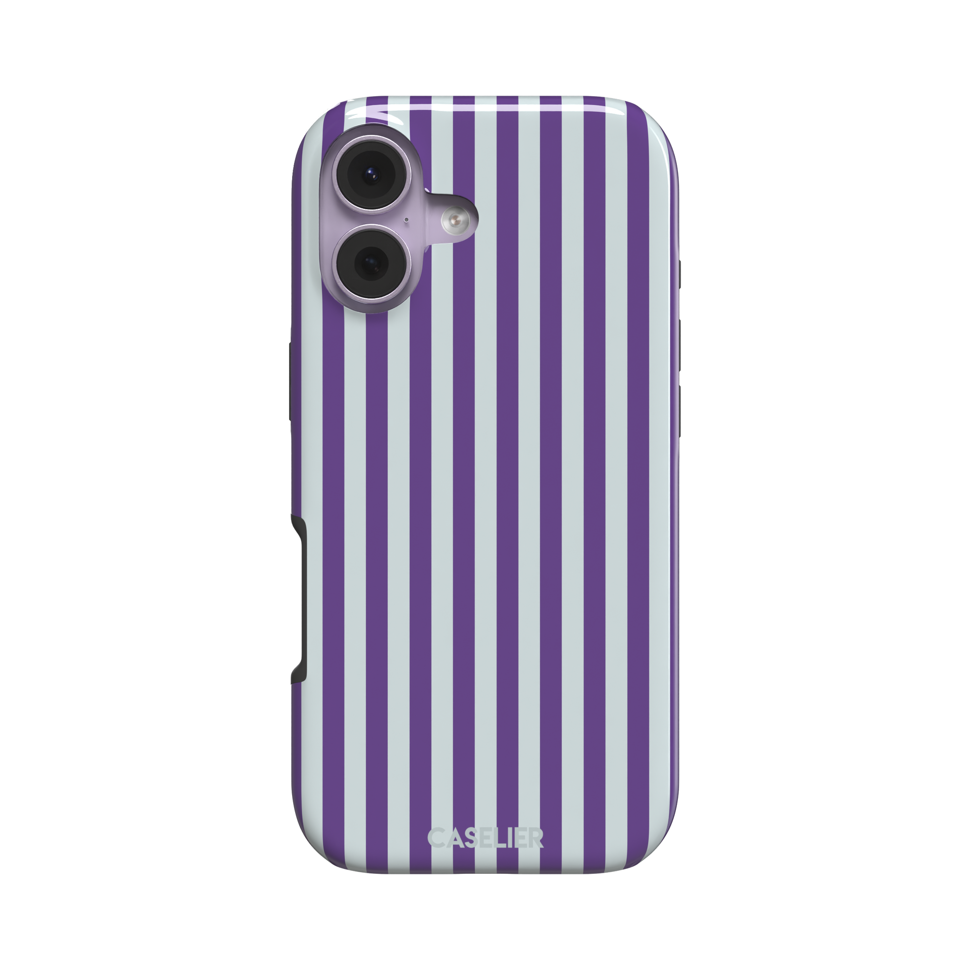 Fine Stripe phone case in deep purple and cool grey vertical stripes on iPhone, phone case by Caselier — tough case, front view