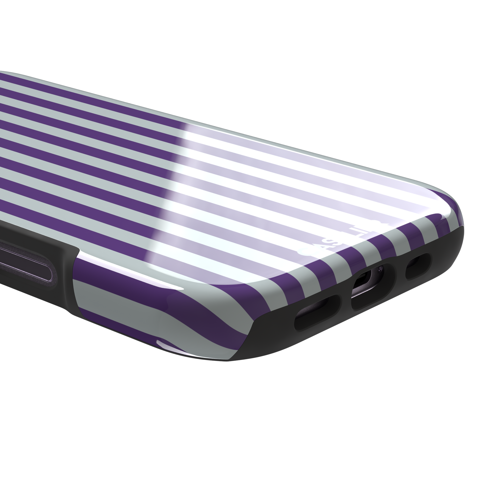 Fine Stripe phone case in deep purple and cool grey vertical stripes on iPhone, phone case by Caselier — tough case, charging port detail