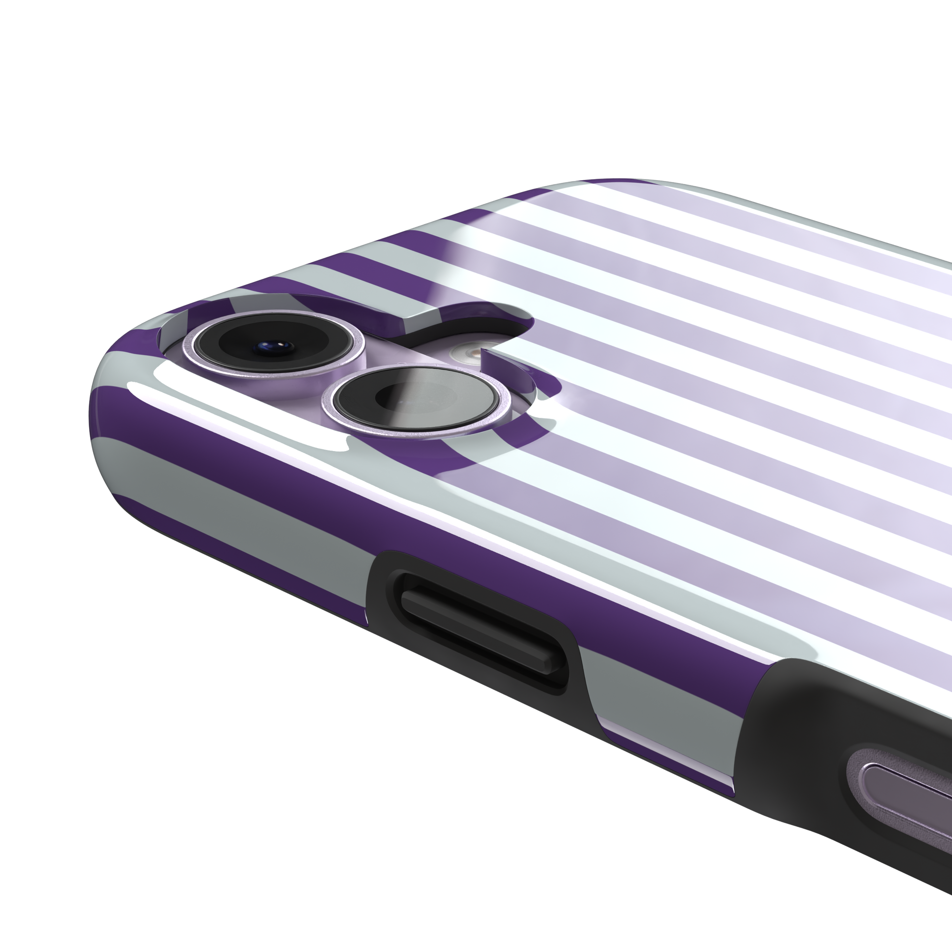 Fine Stripe phone case in deep purple and cool grey vertical stripes on iPhone, phone case by Caselier — tough case, volume buttons detail