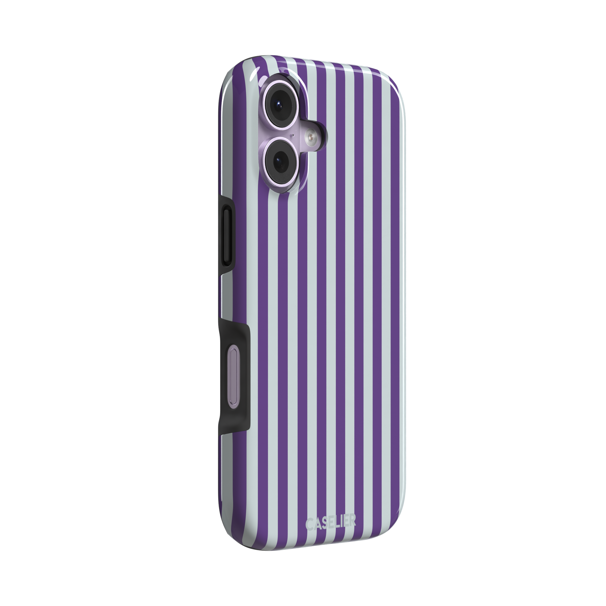 Fine Stripe phone case in deep purple and cool grey vertical stripes on iPhone, phone case by Caselier — tough case, left view