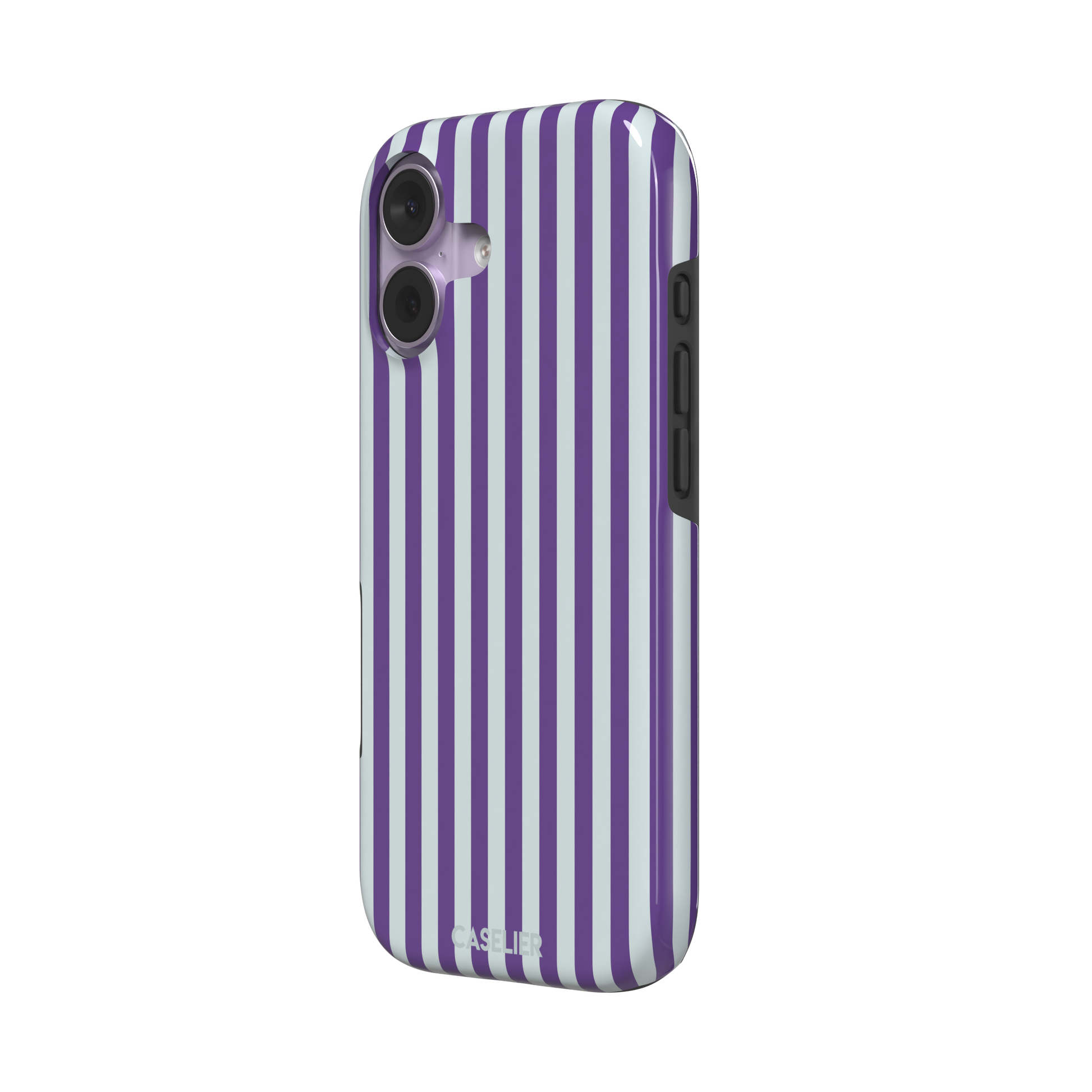 Fine Stripe phone case in deep purple and cool grey vertical stripes on iPhone, phone case by Caselier — tough case, right view