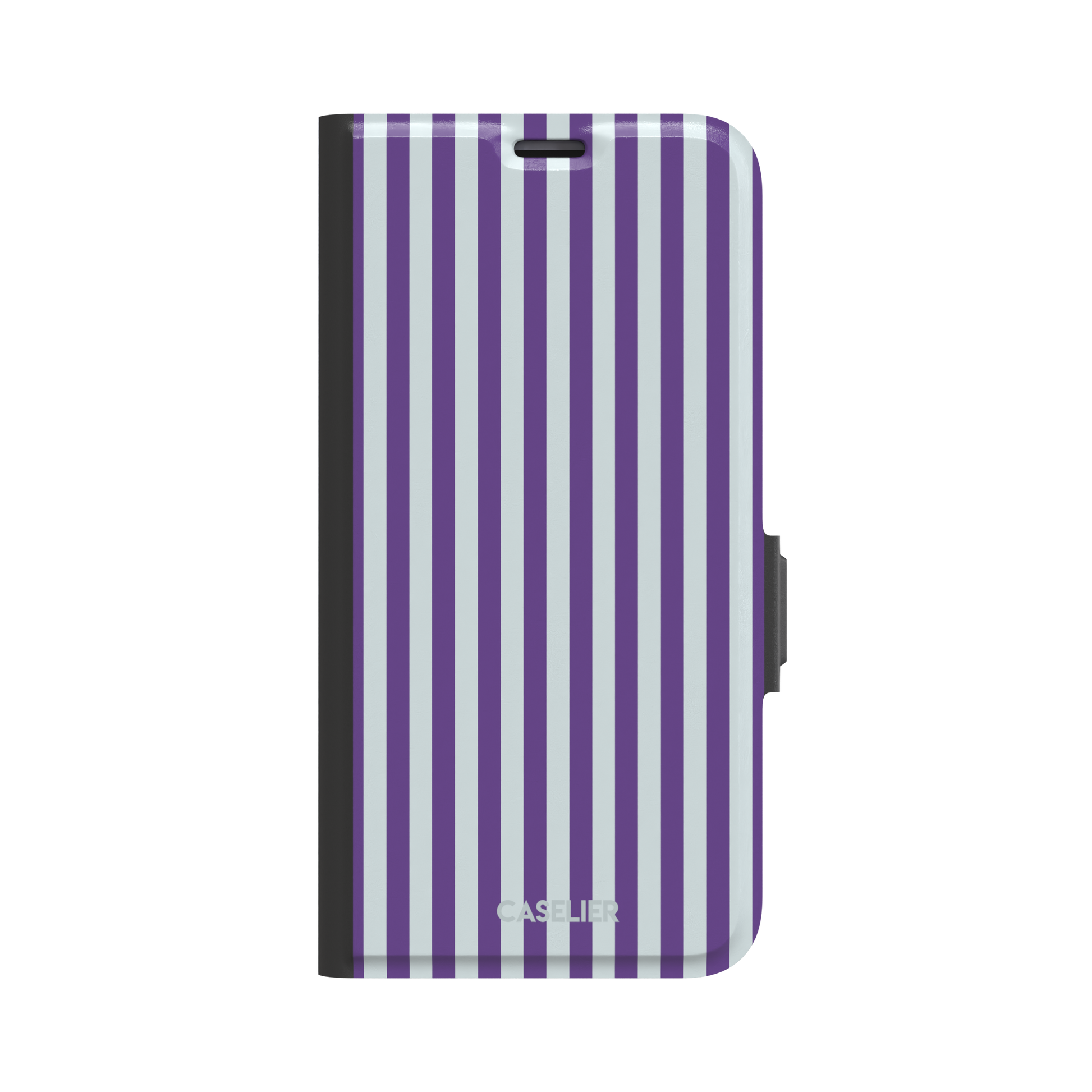 Fine Stripe phone case in deep purple and cool grey vertical stripes on iPhone, phone case by Caselier — wallet case, front view