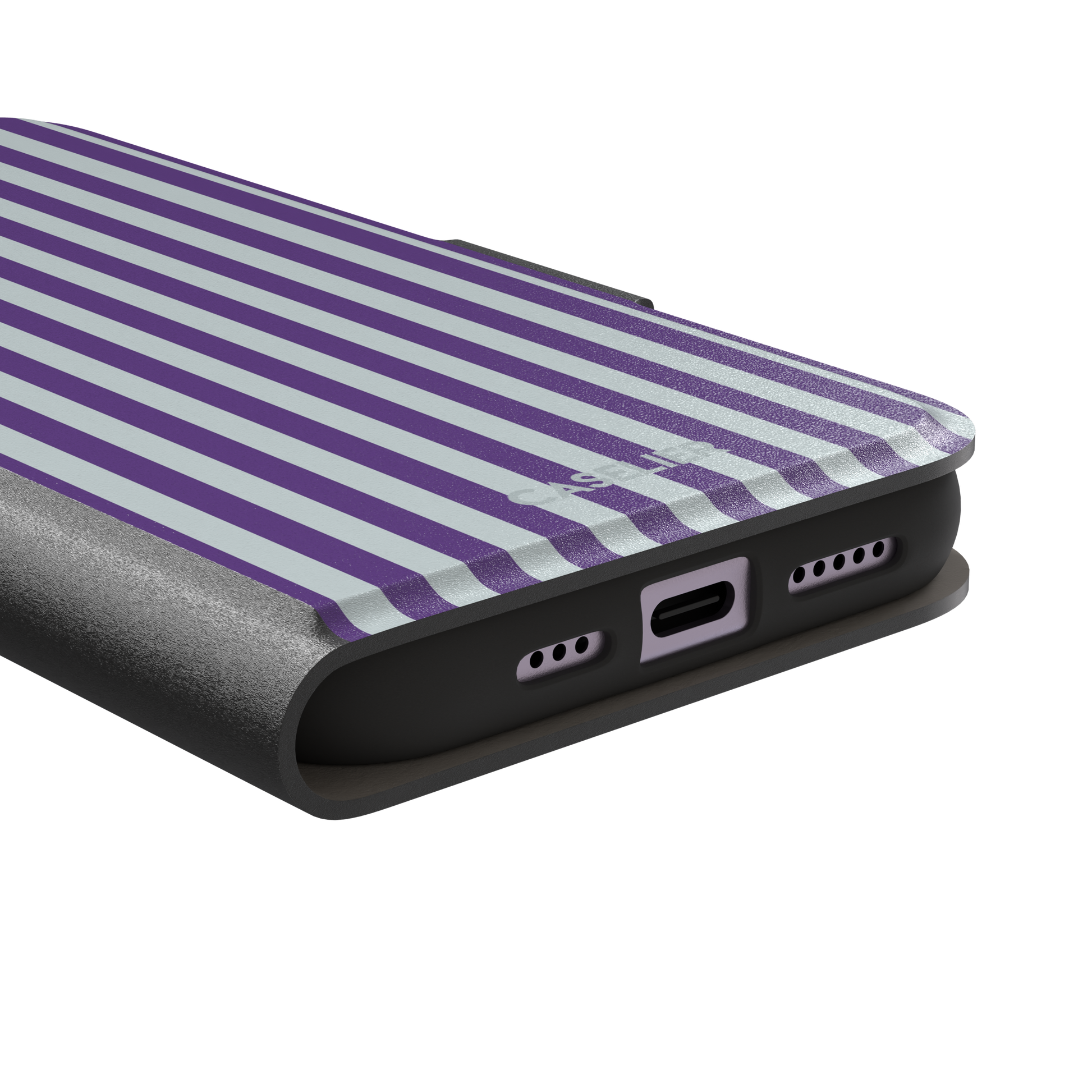 Fine Stripe phone case in deep purple and cool grey vertical stripes on iPhone, phone case by Caselier — wallet case, charging port detail