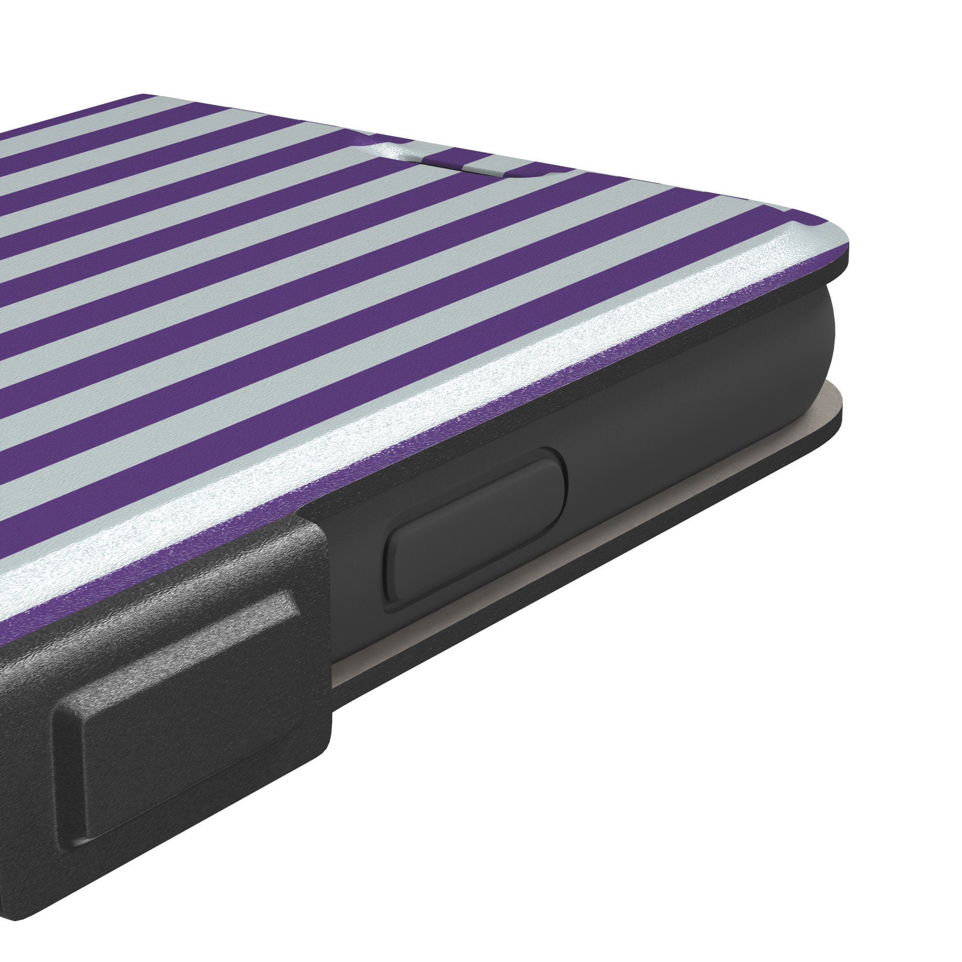 Fine Stripe phone case in deep purple and cool grey vertical stripes on iPhone, phone case by Caselier — wallet case, volume buttons detail
