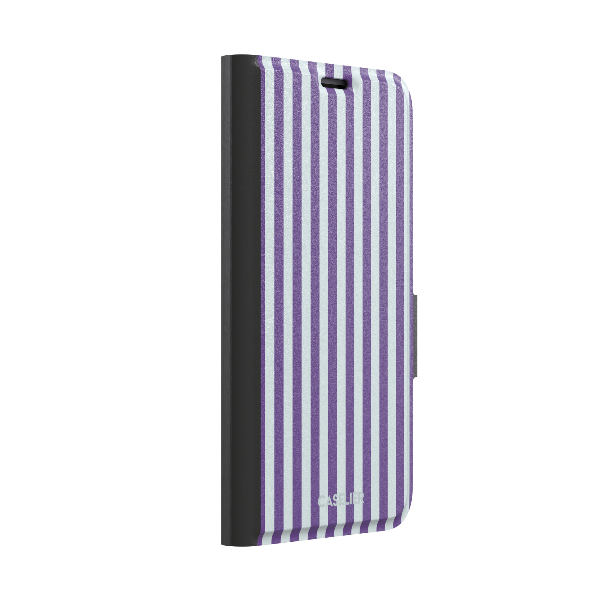 Fine Stripe phone case in deep purple and cool grey vertical stripes on iPhone, phone case by Caselier — wallet case, left view