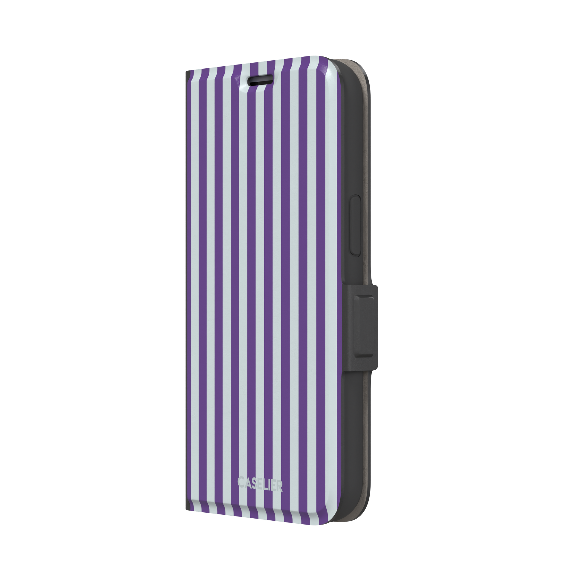 Fine Stripe phone case in deep purple and cool grey vertical stripes on iPhone, phone case by Caselier — wallet case, right view