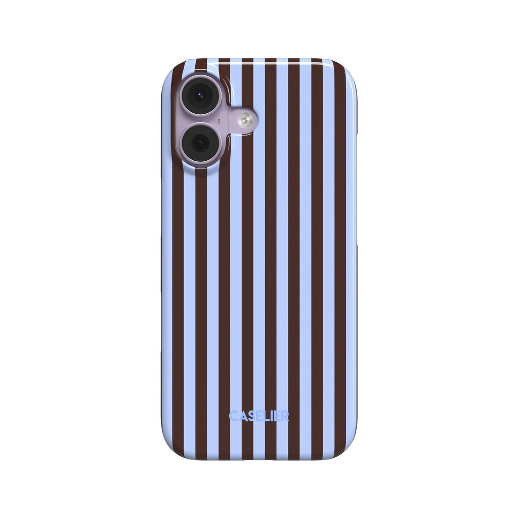 Fine Stripes phone case in periwinkle blue and deep brown vertical stripe pattern, glossy finish, phone case by Caselier - snap case, front view | Caselier