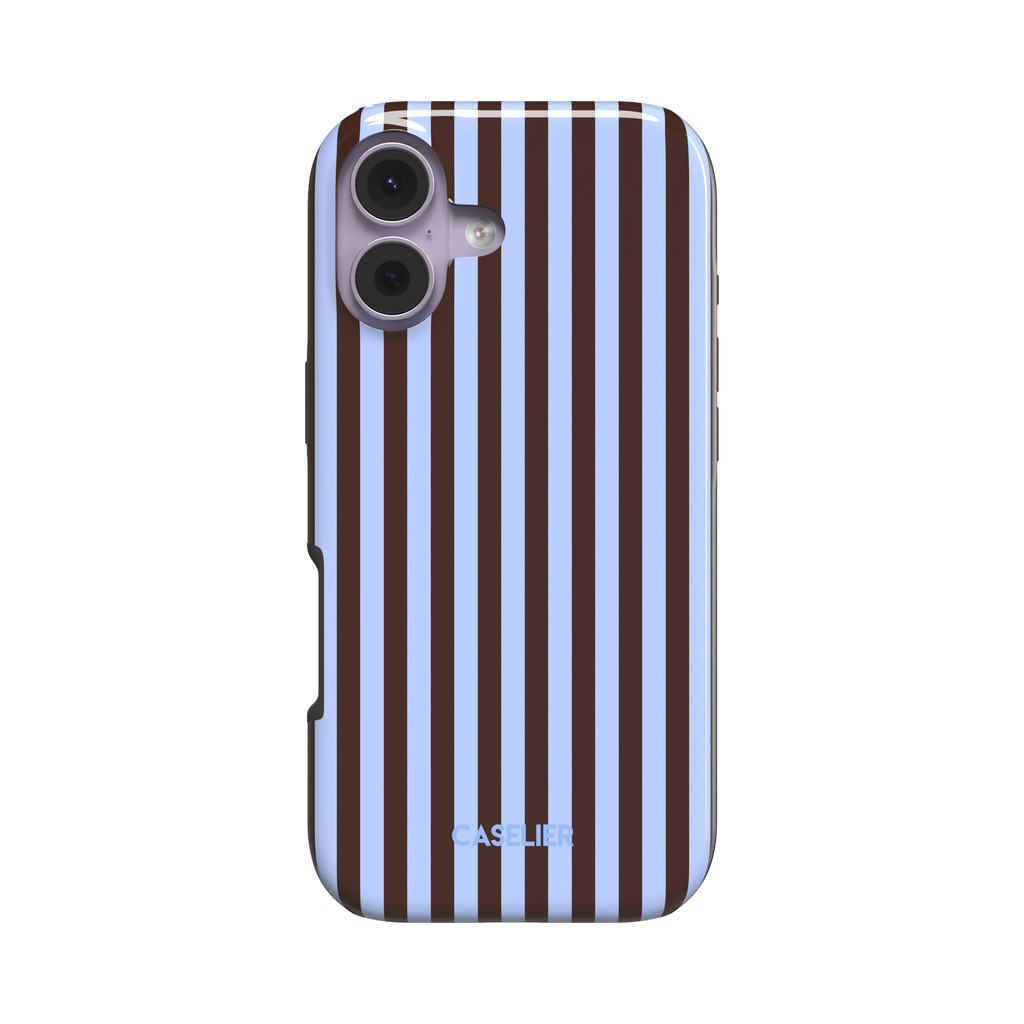 Fine Stripes phone case in periwinkle blue and deep brown vertical stripe pattern, glossy finish, phone case by Caselier - tough case, front view | Caselier