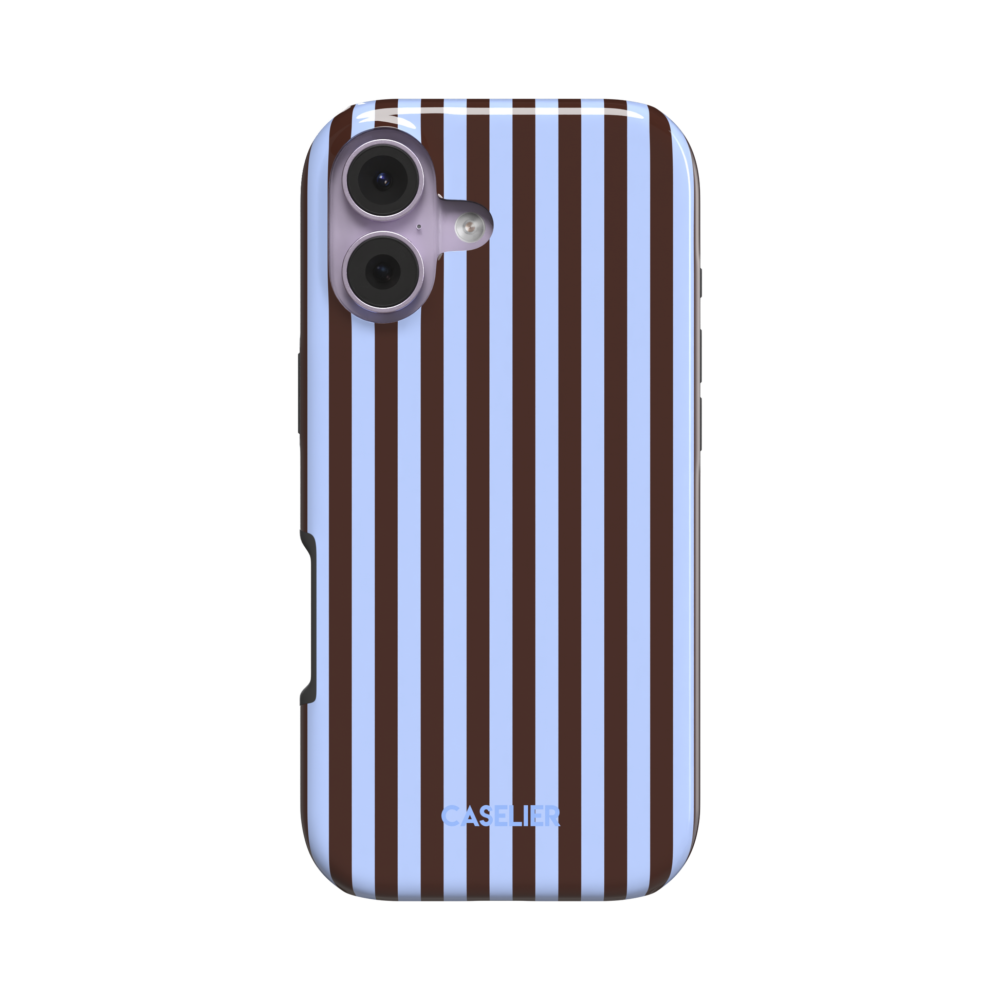 Fine Stripes phone case in periwinkle blue and deep brown vertical stripe pattern, glossy finish, phone case by Caselier - tough case, front view | Caselier