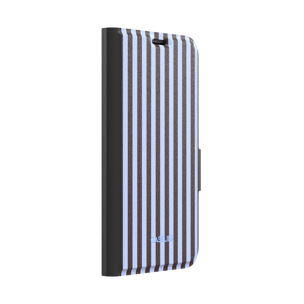 Fine Stripes, vertical stripes in deep brown and pale periwinkle blue, wallet case, left view, phone case by Caselier