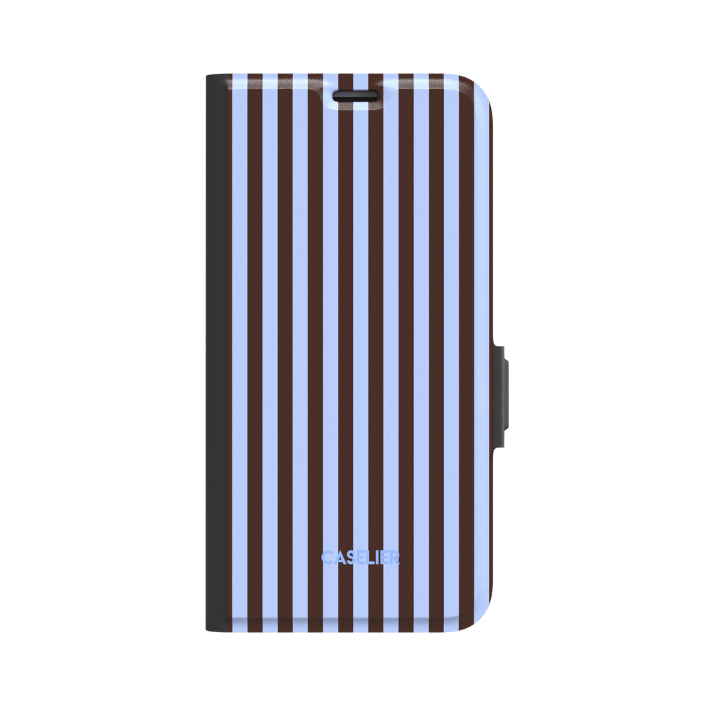 Fine Stripes phone case in periwinkle blue and deep brown vertical stripe pattern, glossy finish, phone case by Caselier - wallet case, front view | Caselier