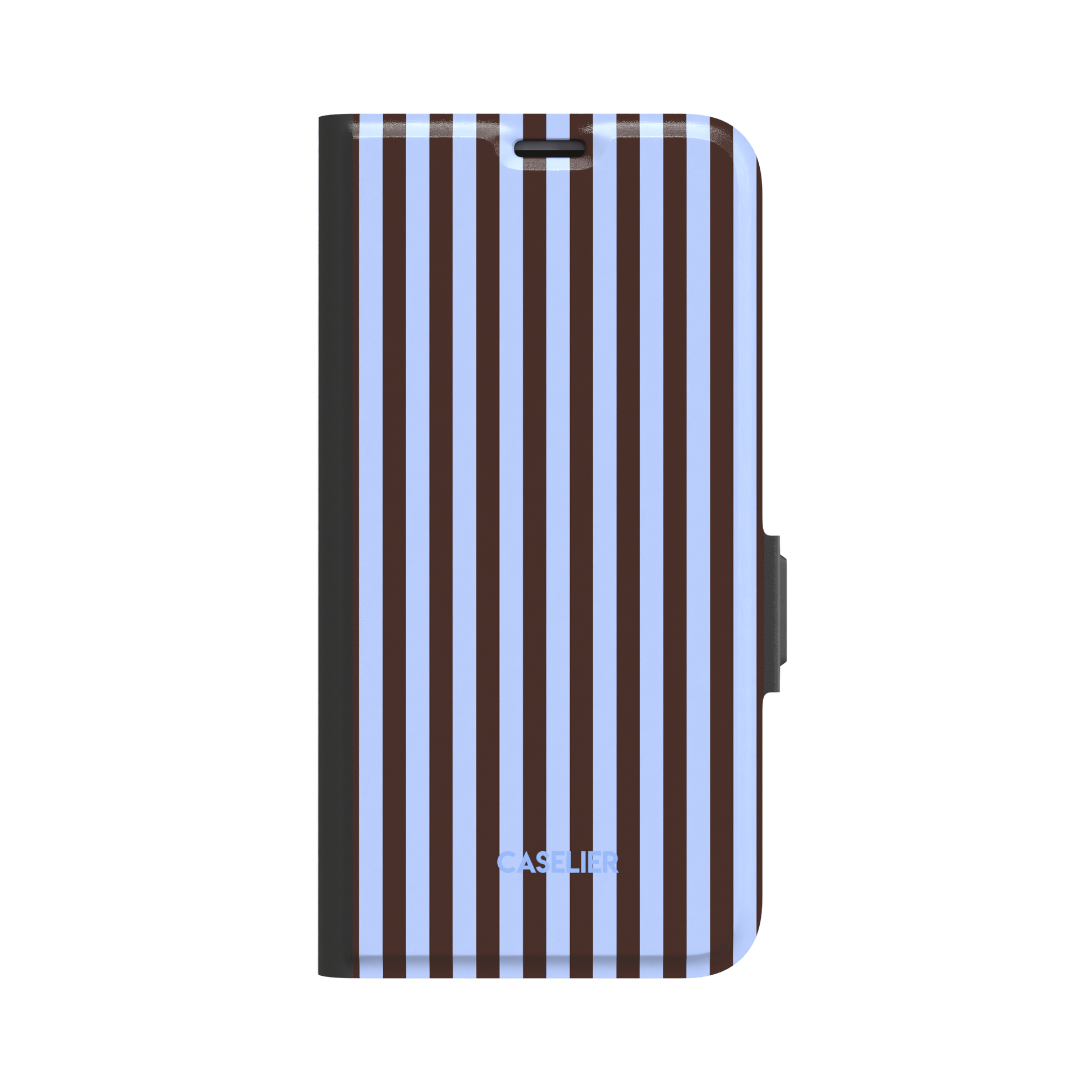 Fine Stripes phone case in periwinkle blue and deep brown vertical stripe pattern, glossy finish, phone case by Caselier - wallet case, front view | Caselier