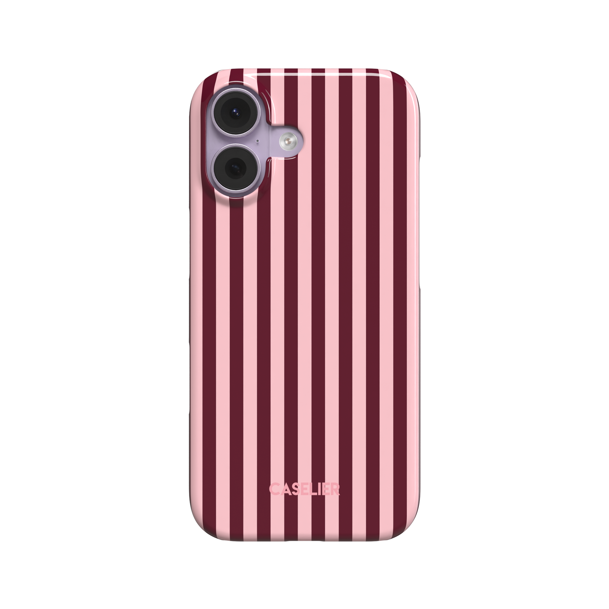Fine Stripes phone case in blush pink and burgundy vertical stripe pattern, glossy finish, phone case by Caselier - snap case, front view | Caselier