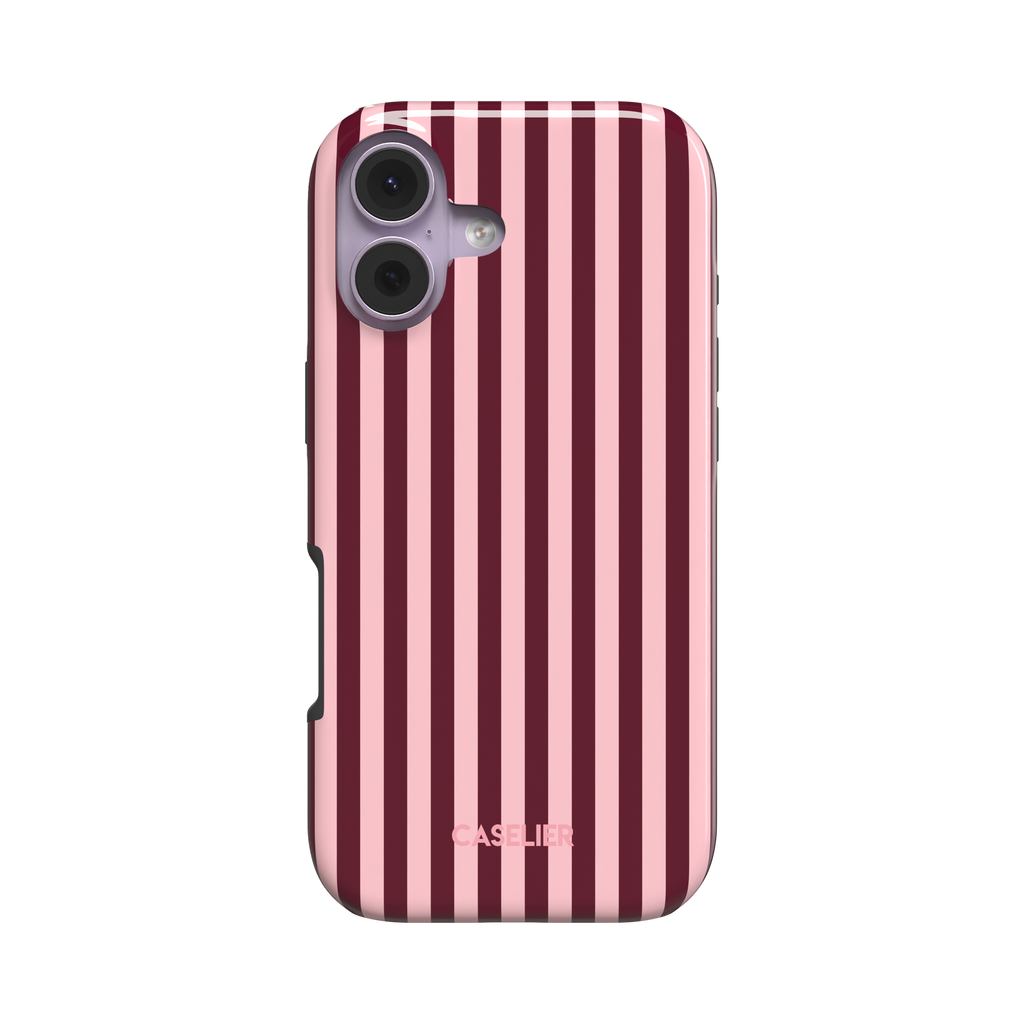 Fine Stripes phone case in blush pink and burgundy vertical stripe pattern, glossy finish, phone case by Caselier - tough case, front view | Caselier